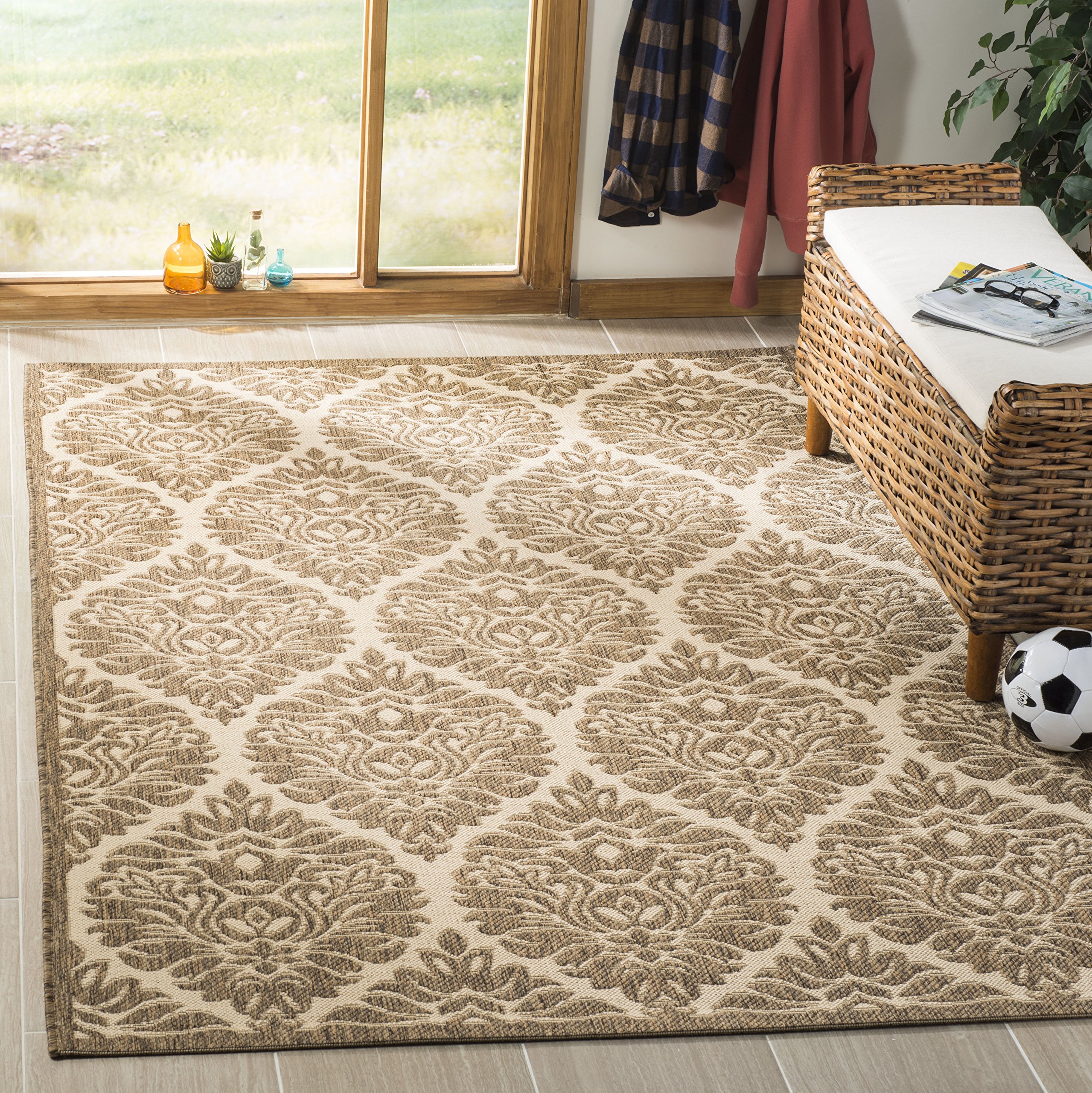 SAFAVIEH Washable Rug Outdoor Linden Collection - 5'3" x 7'6", Cream & Beige, Non-Shedding & Easy to Clean, Ideal for Patio, Backyard, Mudroom (