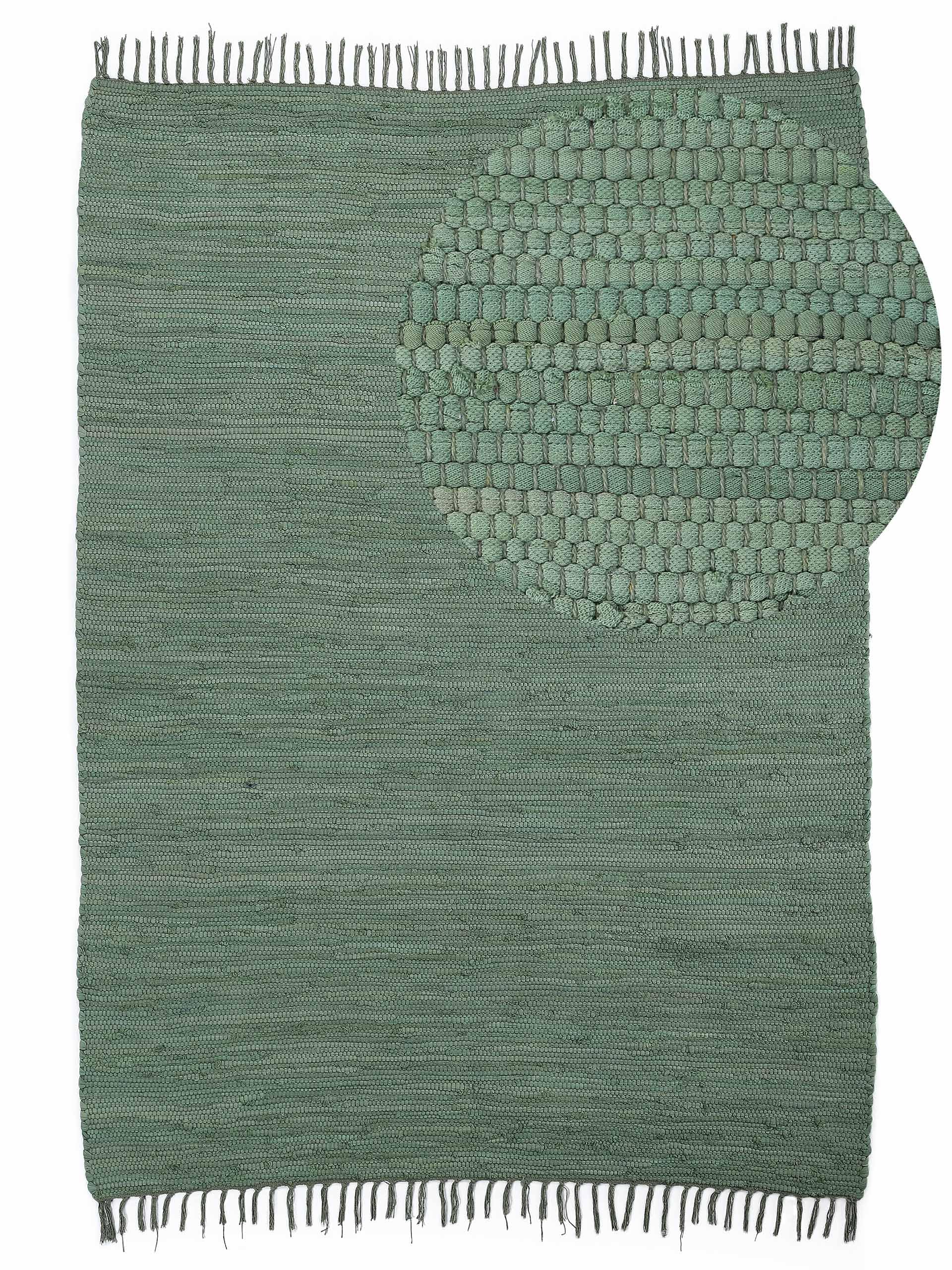 carpetfine Flickenteppich Kelim Chindi Uni Grün 70x140 cm, handgewebt | Fleckerlteppich aus Baumwolle für Wohnzimmermit Fransen