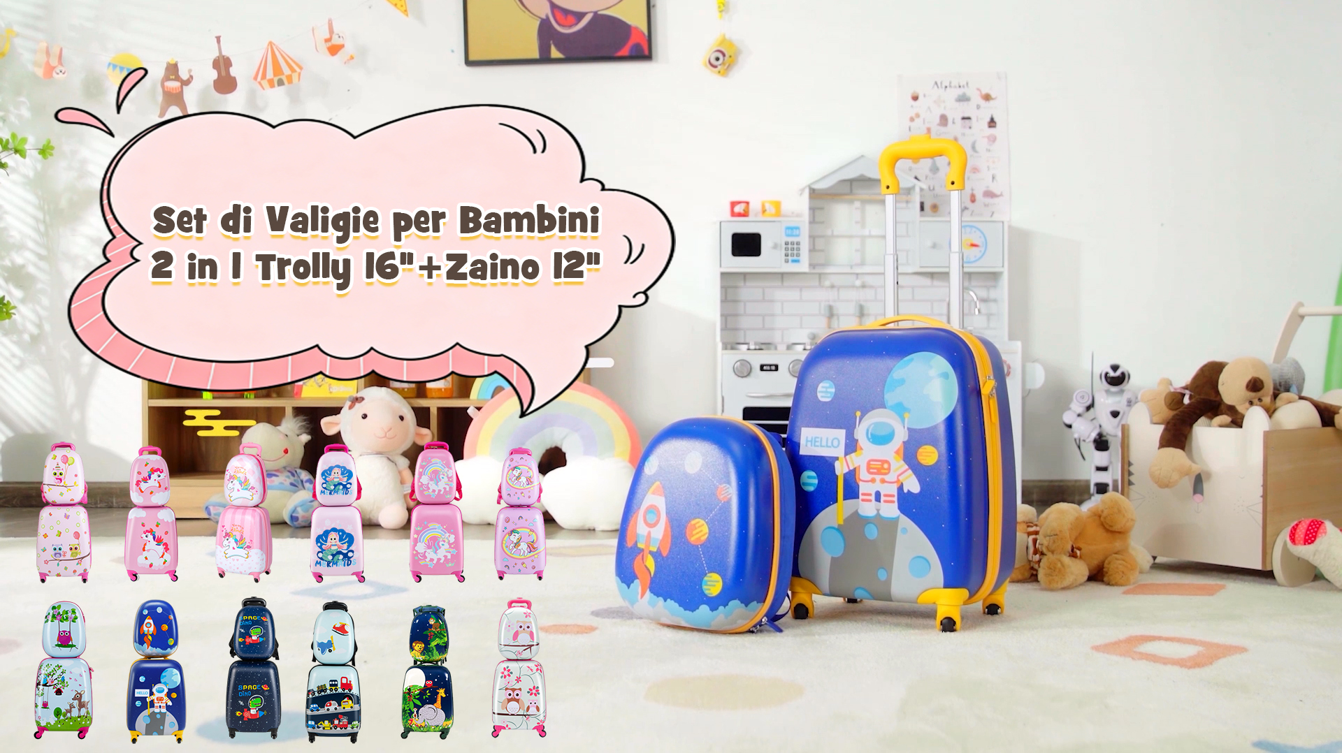 RELAX4LIFE Set Valigia Cavalcabile/Trolley per Bambini 18'' con Zaino 12'', 4 Ruote Girevoli, Maniglia Retrattile 56cm, 2 Cingie Multiuso, Zaino: 26x30cm/Trolley:47x26,5x36,5cm (Blu