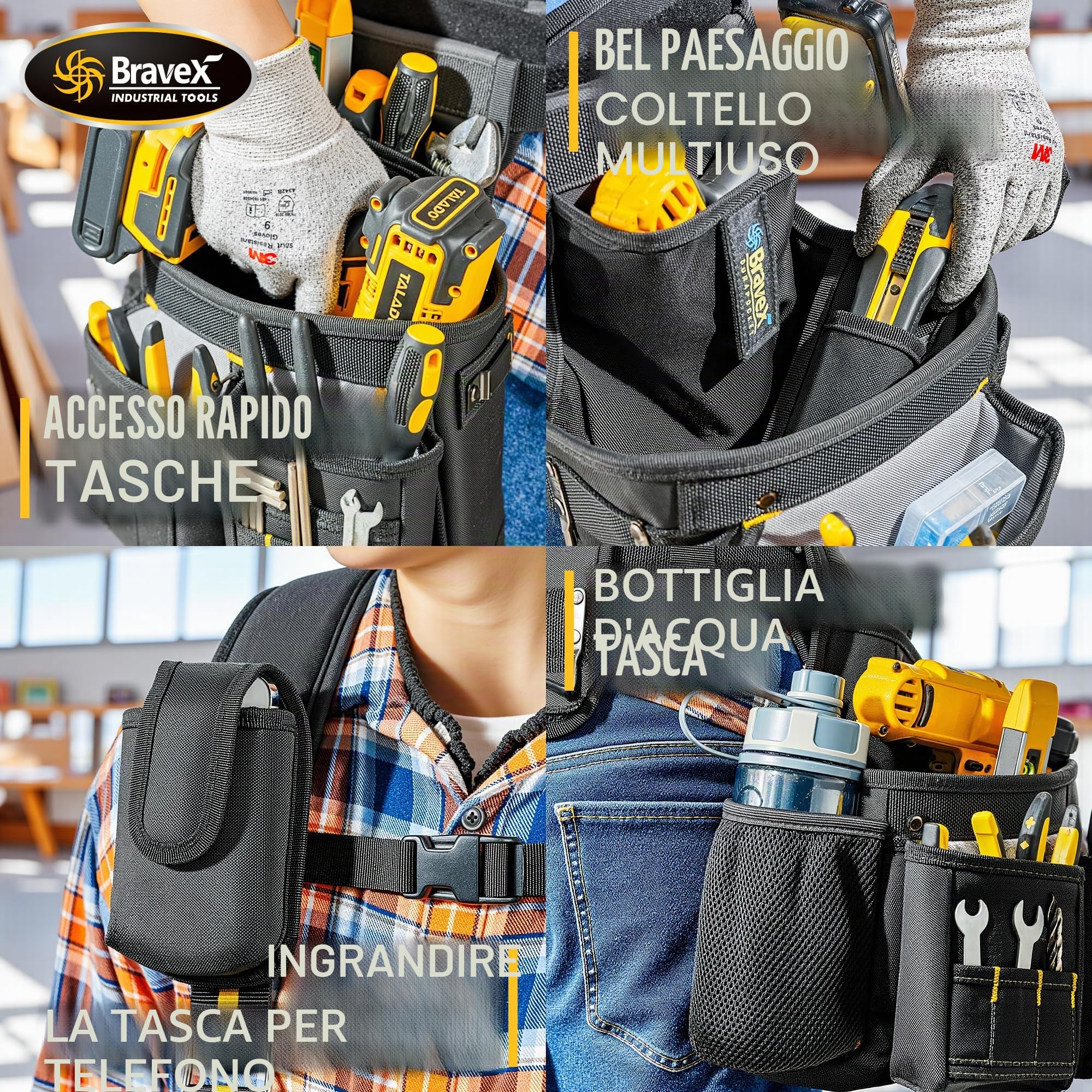 Cintura porta attrezzi con bretelle - Pro Ultra anti-usura con 20 tasche in stile Y, cintura porta attrezzi con 5 sacche combinate per carpentiere, elettricista, in nylon balistico 1200D