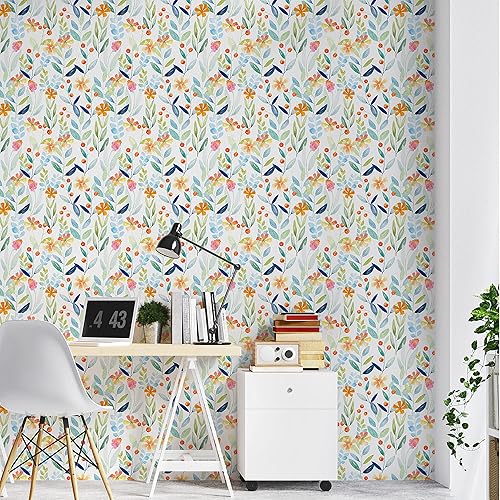 Miniatura 4 de UniGoos Papel tapiz floral botánico de acuarela para despegar y pegar, colorido, extraíble, papel de pared temporal, papel de contacto autoadhesivo