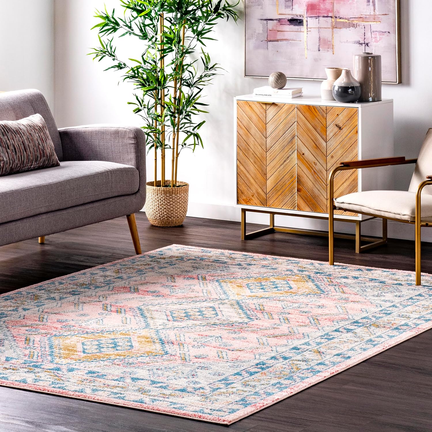 nuLOOM Louise Tribal Diamond Area Rug, 8'10' x 12', Light Pink