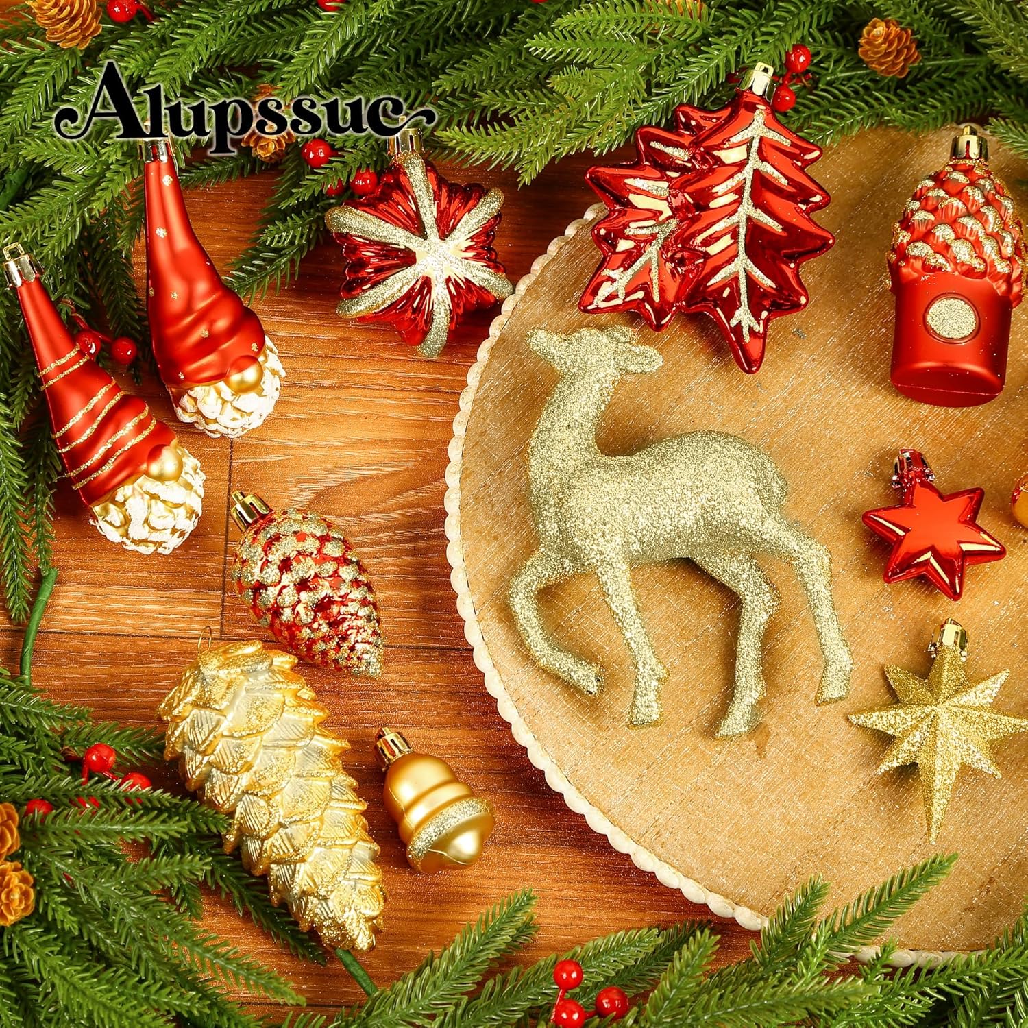 Alupssuc 103pcs Christmas Balls Ornaments Set, Gnome Christmas Tree Decorations with Hanging Strings, Shatterproof Plastic Baubles for Xmas Tree Holiday Wedding Party Decorations, Red and Gold