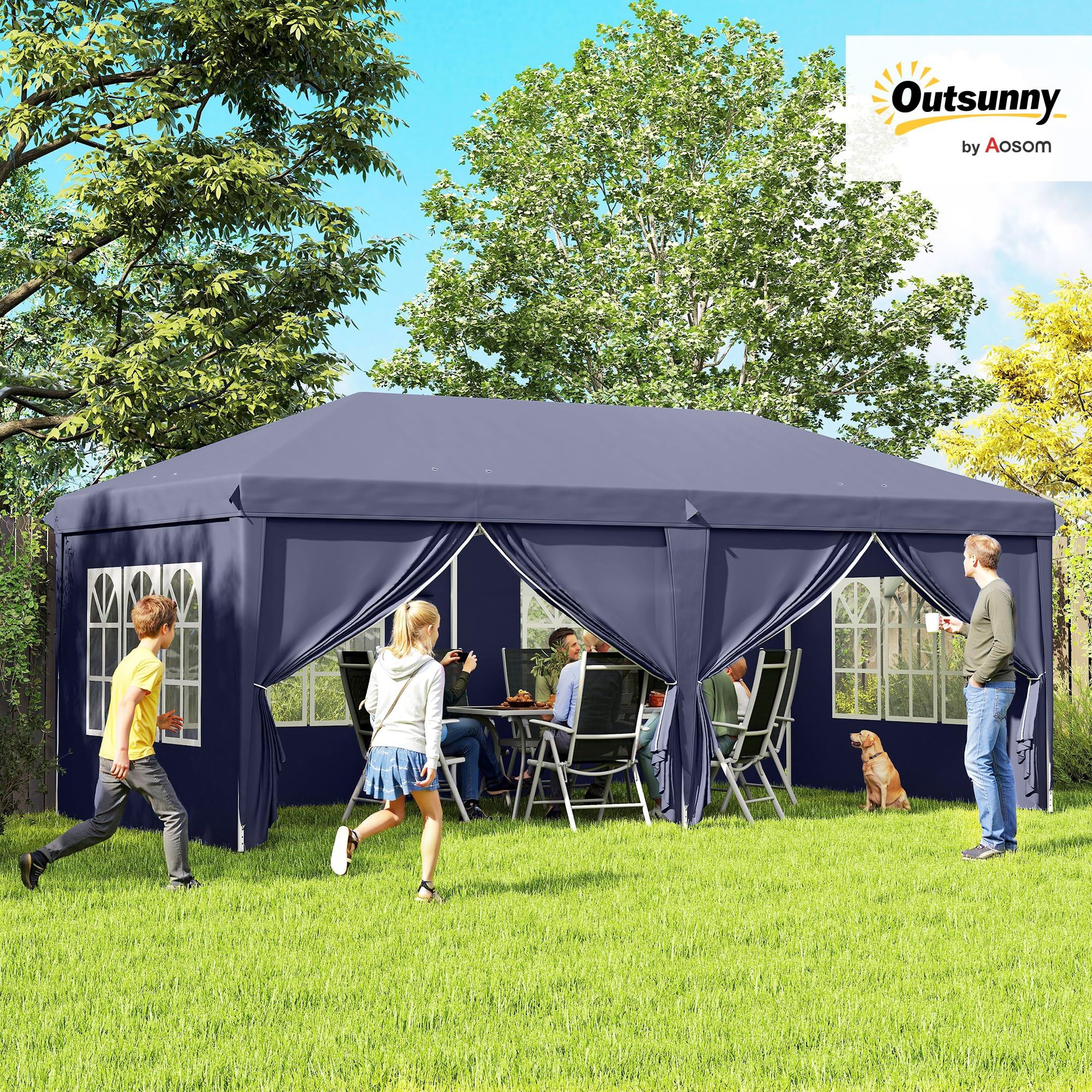 Outsunny Gazebo Pieghevole 6x3 m Pop Up con Finestre e Pannelli Laterali, 2 Porte, Borsa da Trasporto, per Esterno, Blu