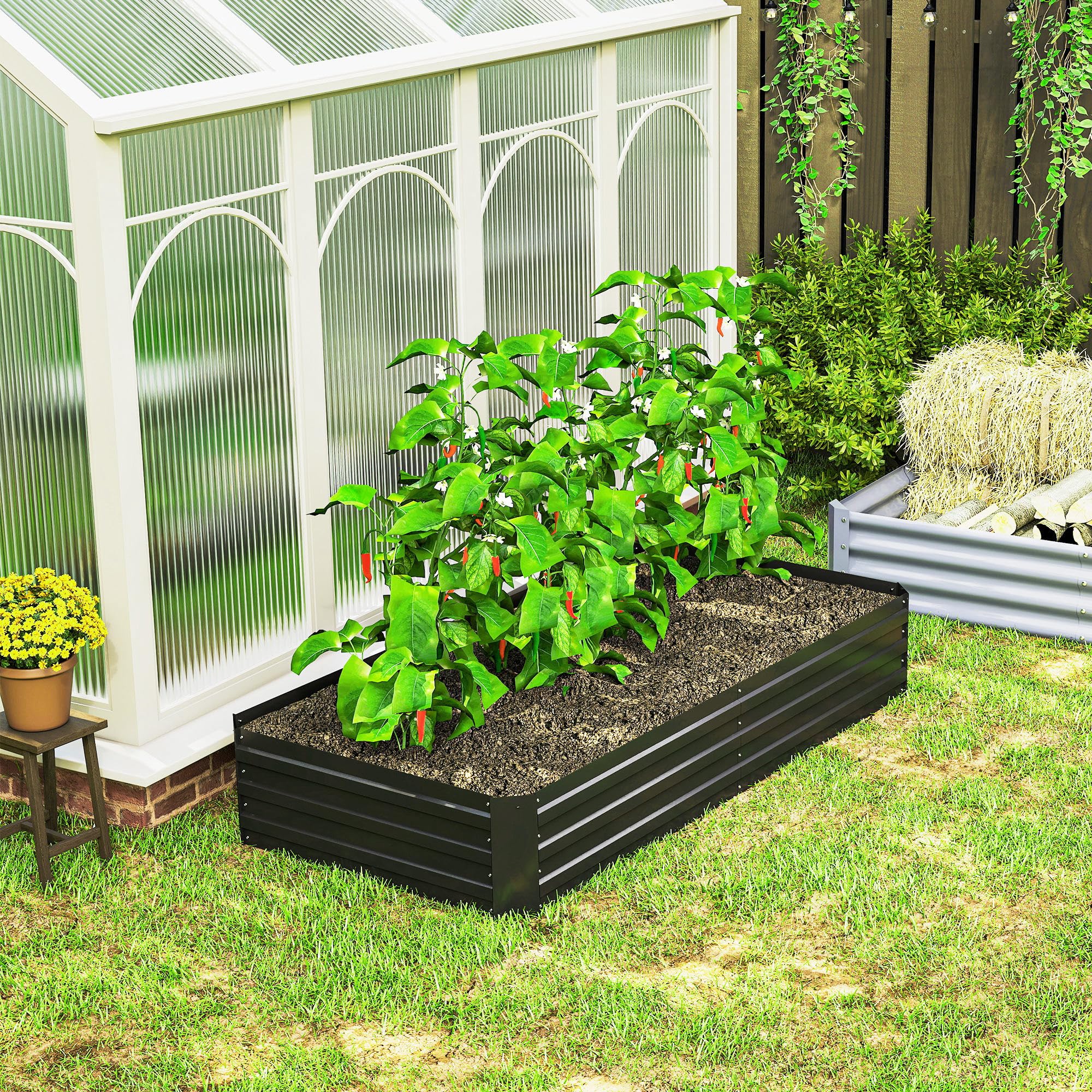 Outsunny Carré Potager Grande Capacité 180 x 90 x 29,5 cm Noir | Jardinière Rectangulaire, Acier Galvanisé, avec Tuteurs, pour Tomates et Plantes Grimpantes