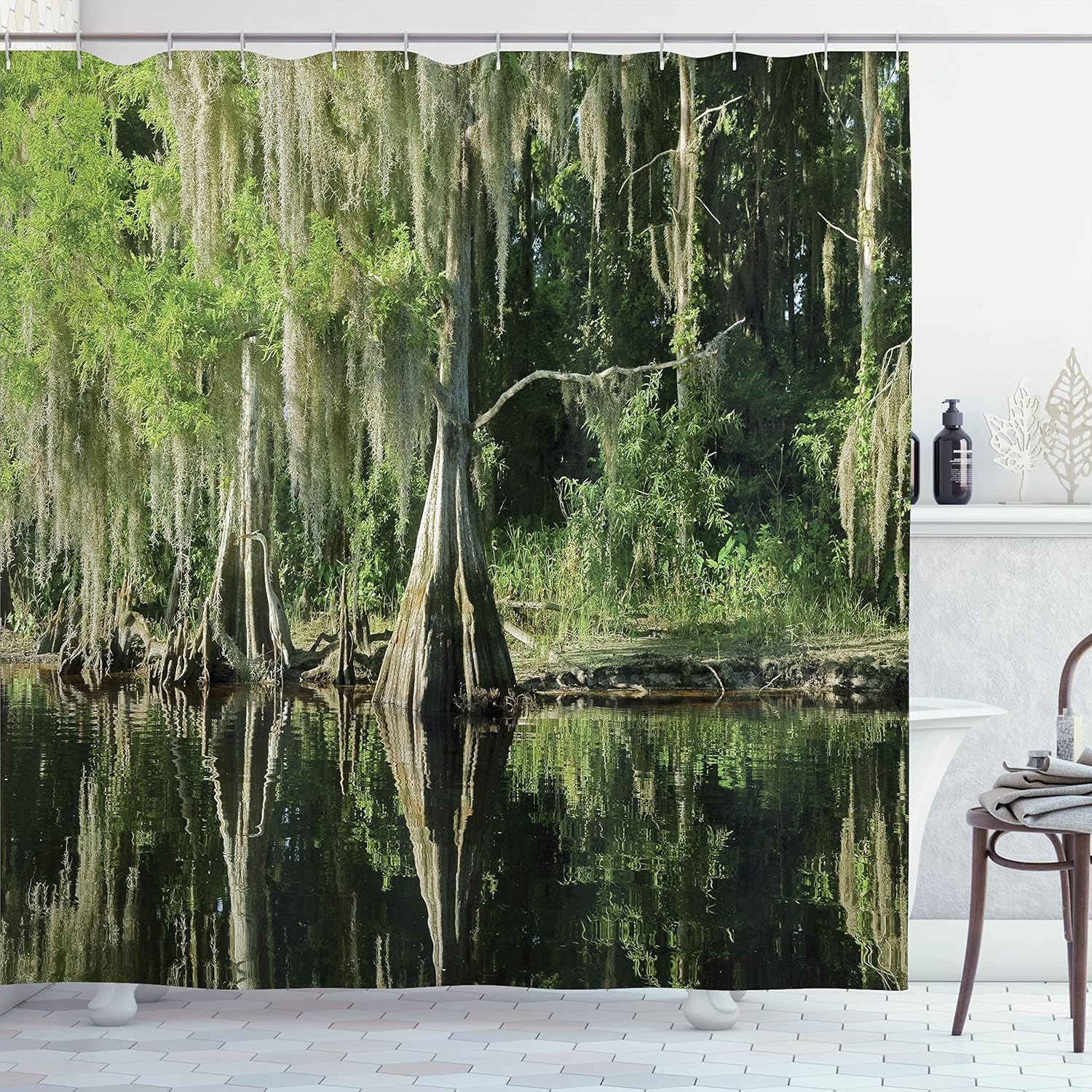 Lunarable National Park Shower Curtain, Reflection on Water Florida Swamp Plants Hanging, Cloth Fabric Bathroom Decor Set with Hooks, 105" Extra Wide, Grey Olive Green