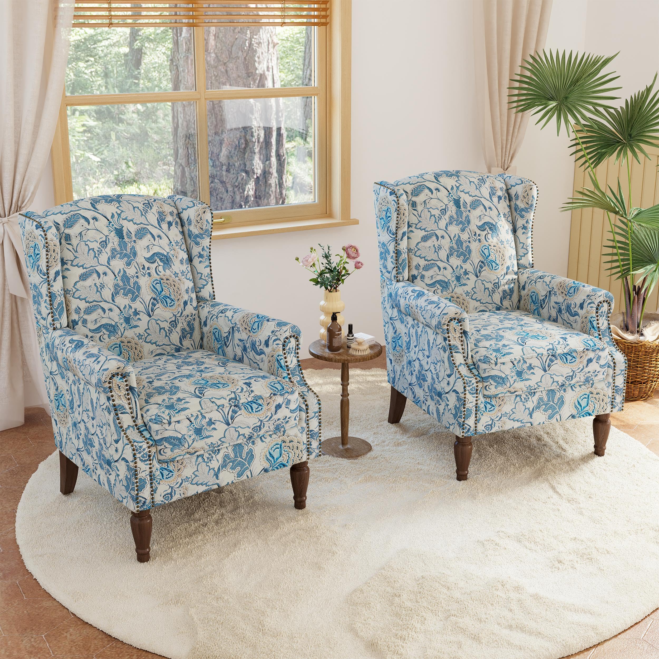 Lumibee Wingback Accent Chair, 2 Set High Back Floral Armchairs in Fabric,Comfy Upholstered Reading Single Sofa Chairs with Solid Wood Legs for Living Room,Bedroom,Office-Boho Blue