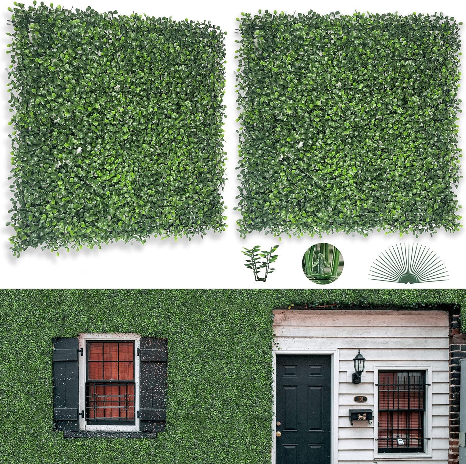 24Pcs 20"x20" Ultra-Dense Artificial Boxwood Panels with Flowers, Realistic Faux Greenery Grass Wall Panels for Privacy, UV-Protected Decorative Hedge for Garden, Balcony, Backyard, Spring Decor