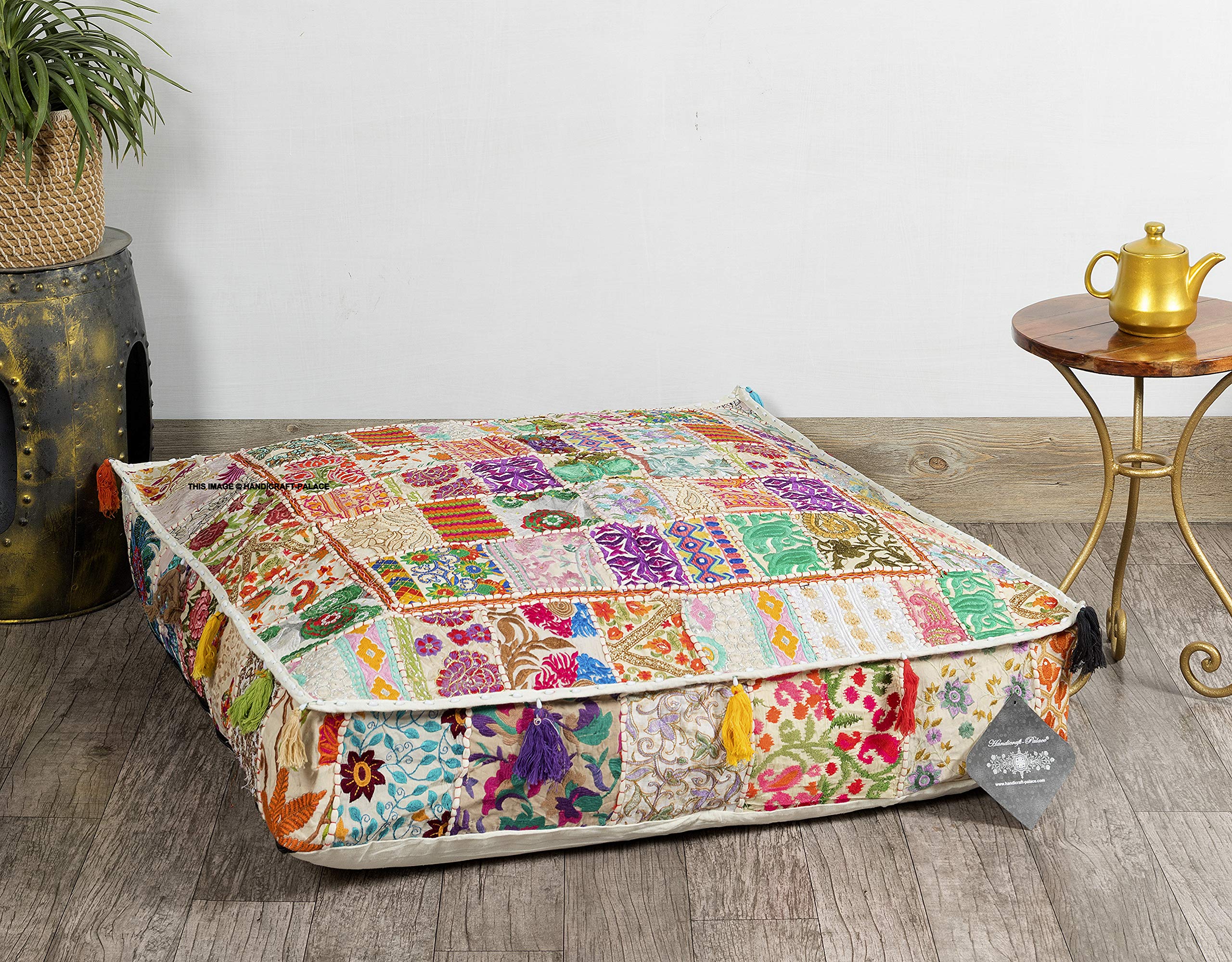 Ravaiyaa - Attitude is everything Cotton Khambadiya Pouf Floor Pillow Dogbed Patbed Floor Seating Square Shibori Dyed Floor Cushion 35 x 35 Inch (Without Insert, White)-image-38