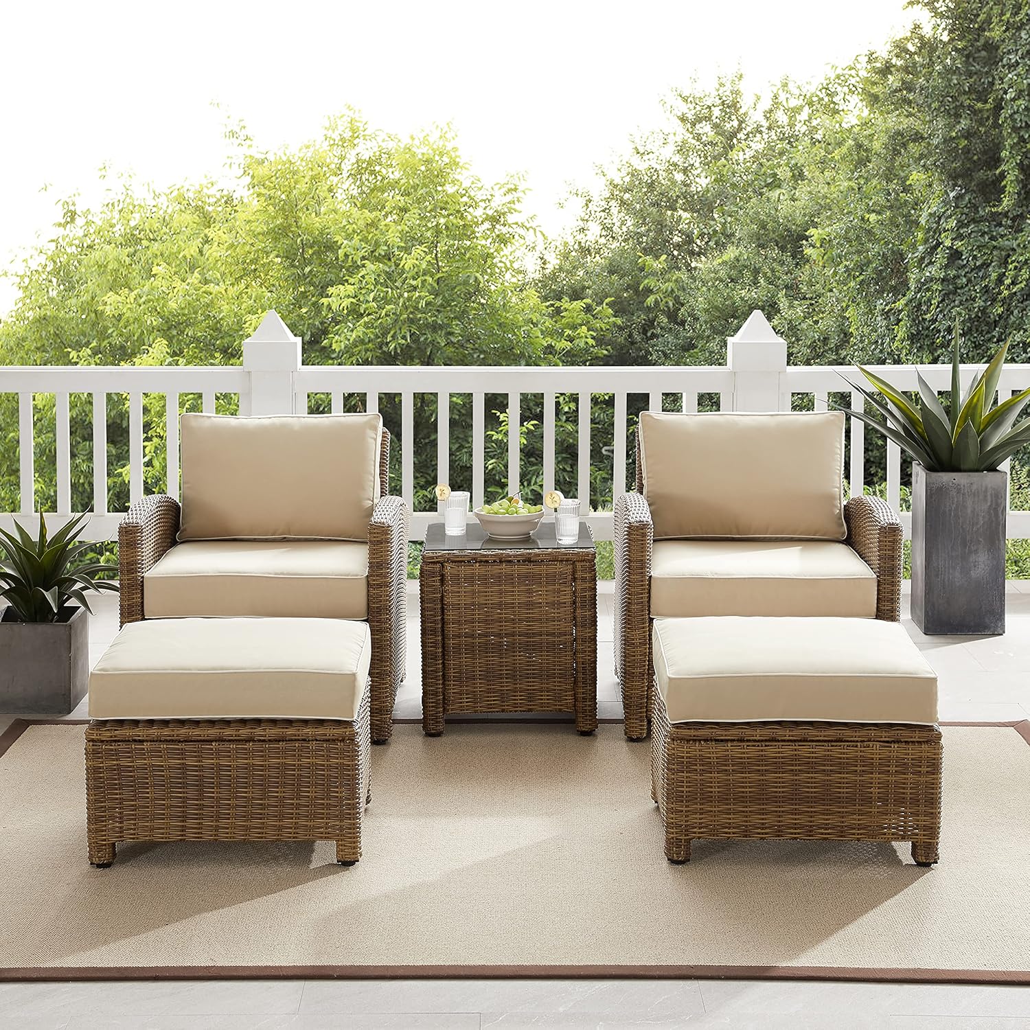 Crosley Furniture Bradenton 5-Piece Outdoor Chair Patio Furniture Set, Wicker Conversation Sets for Porch, Weathered Brown with Sand Cushions