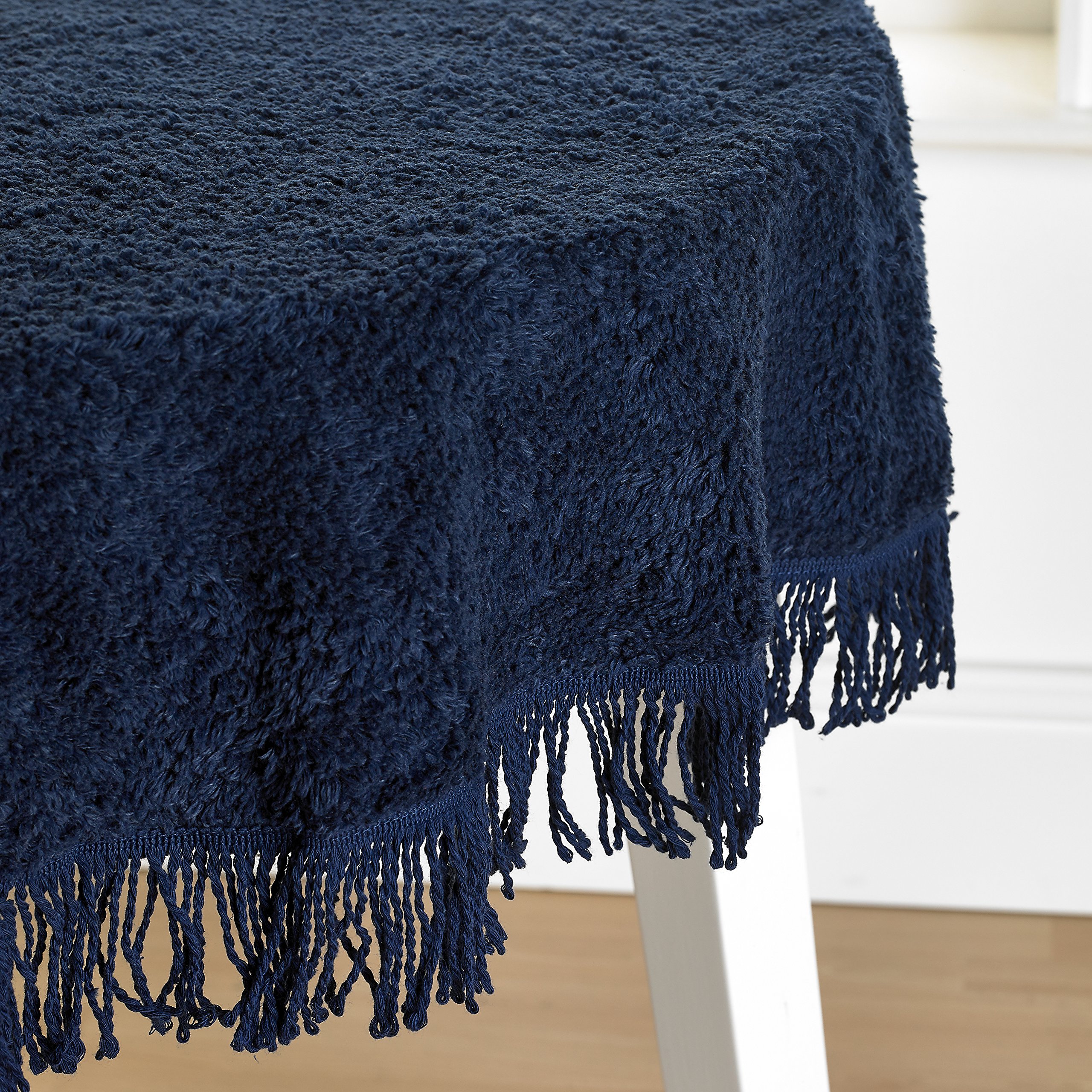 Diana Cowpe Chenille Tablecloth - Traditional Fringed Edge Cotton Tablecloth | Round/Square/Rectangular - 137CM Square Dark Blue