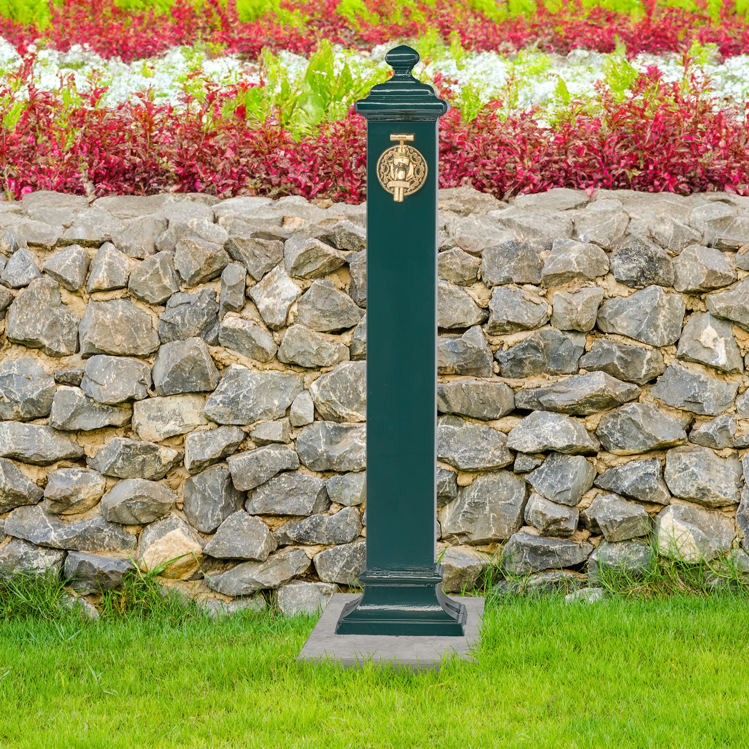 Relaxdays Fuente de Agua de Estilo Antiguo, con Grifo Jardín, 86x19x23 cm, Terraza, Patio, Decorativa, Verde Oscuro