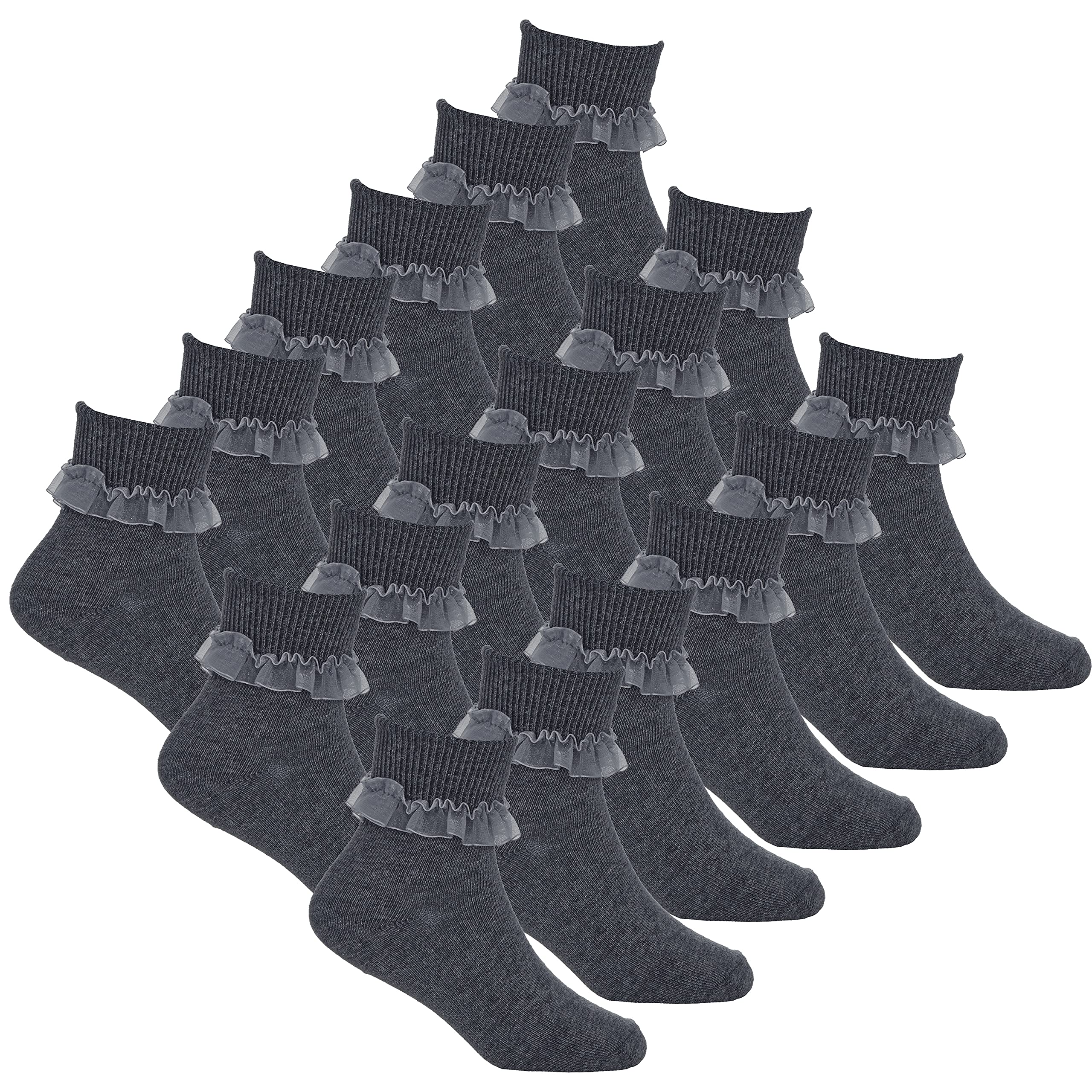 Metzuyan Girls Grey - 9 Pairs 9 Pairs 3-Pack Frilly Socks Organza Lace Frill Back To School Grey 6-8.5