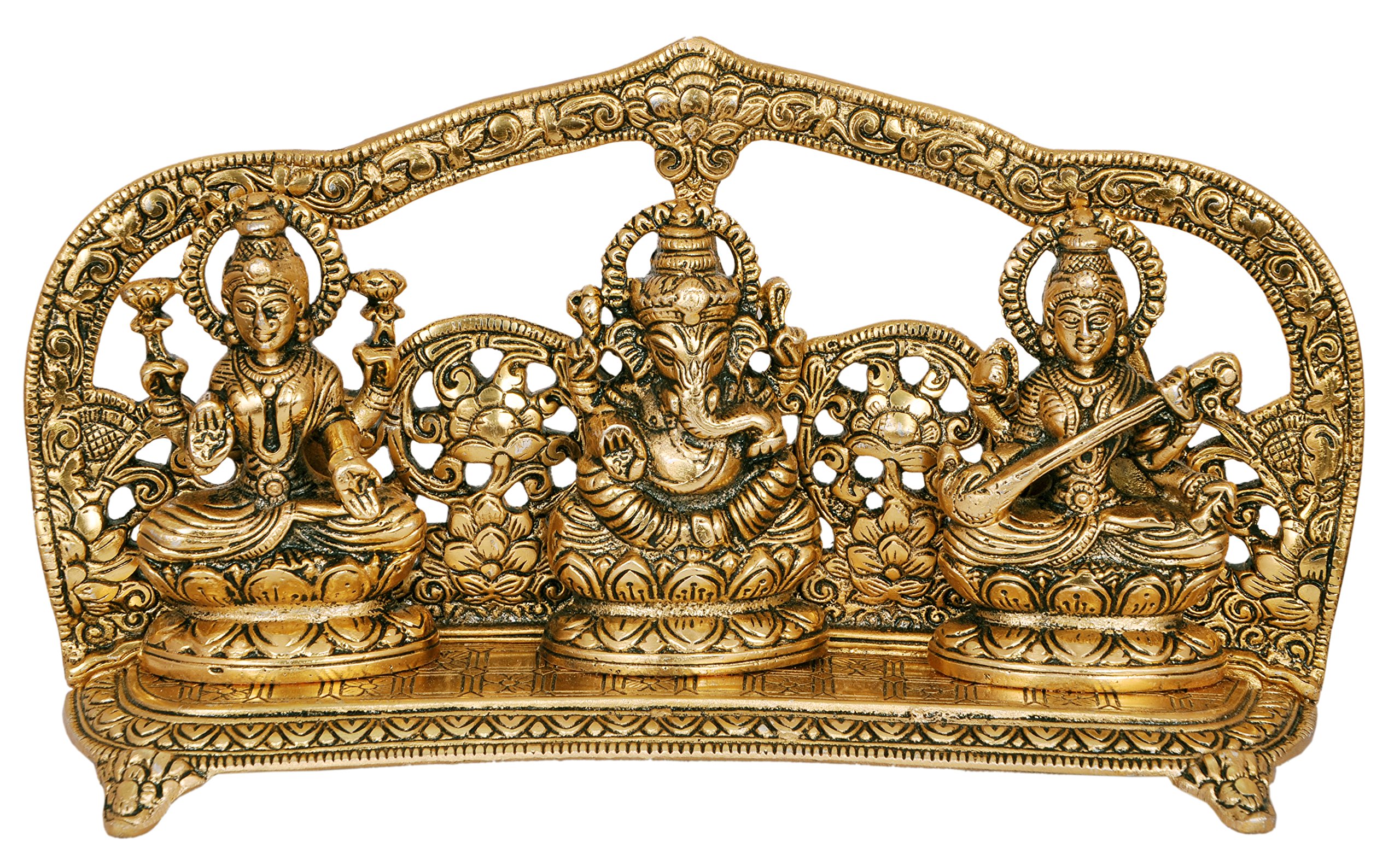 Nexplora Industries Pvt. Ltd. Metal Laxmi Ganesh Saraswati Idol, Large, Gold, 1 Piece, figures;Religious