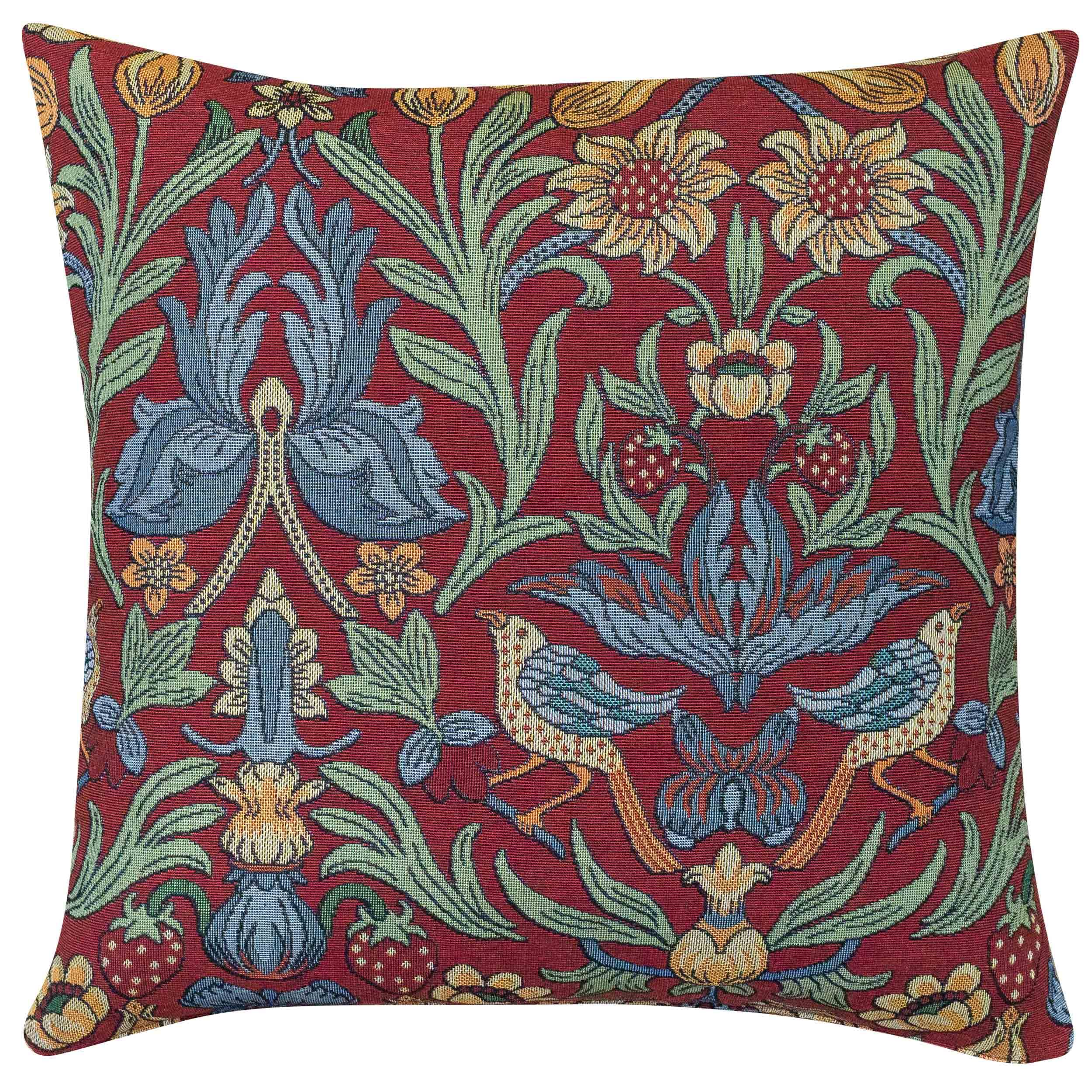 Linen Loft Red Manor Garden Tapestry Cushion Cover. Morris Style Heavyweight Tapestry Countryside Botanical Design In Bright Rouge. 17X17 Square Cushion Cover Only