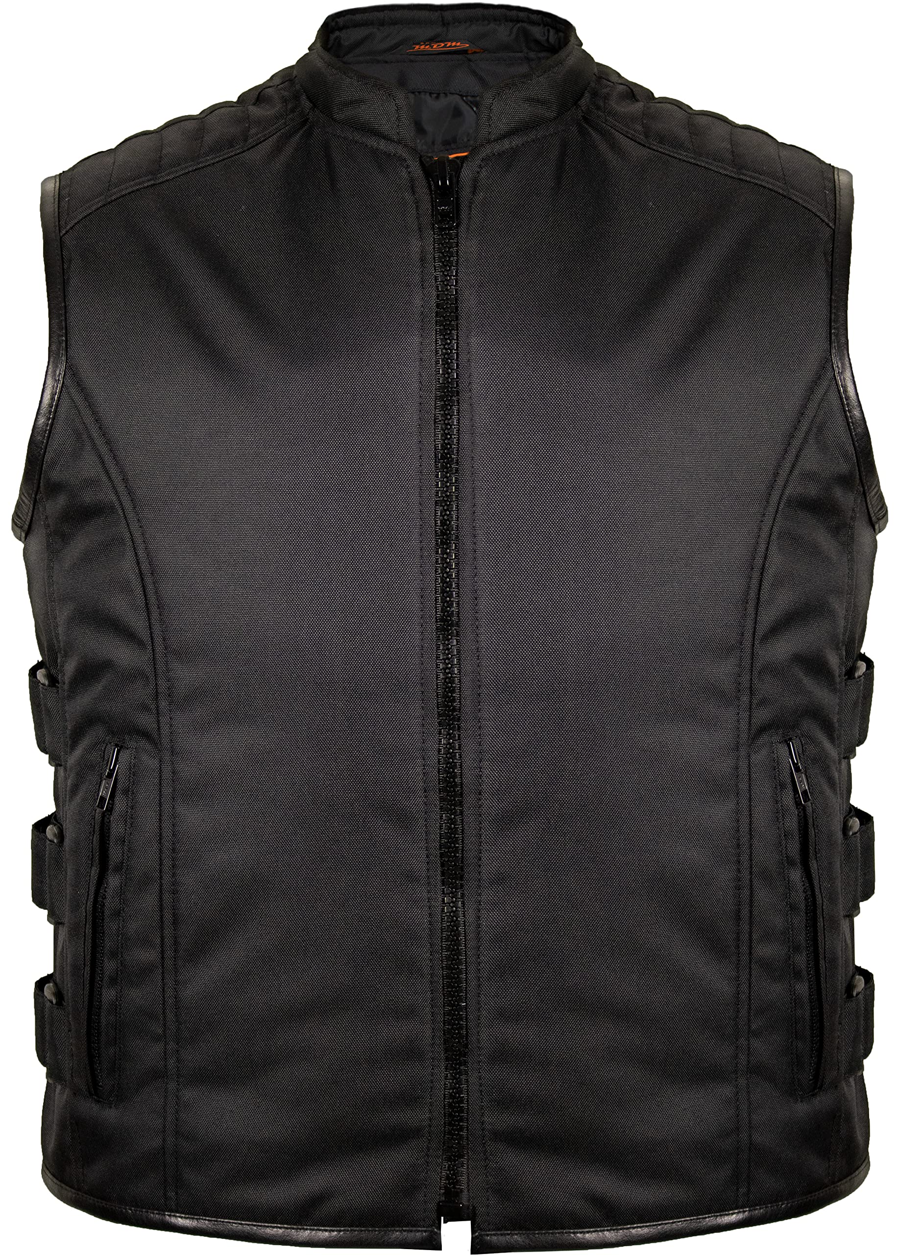 MDM Chaleco Biker de Tela – Negro, Cortaviento y Repelente al Agua, Laterales Ajustables, Hombros Acolchados, Bolsillos Interiores y Exteriores