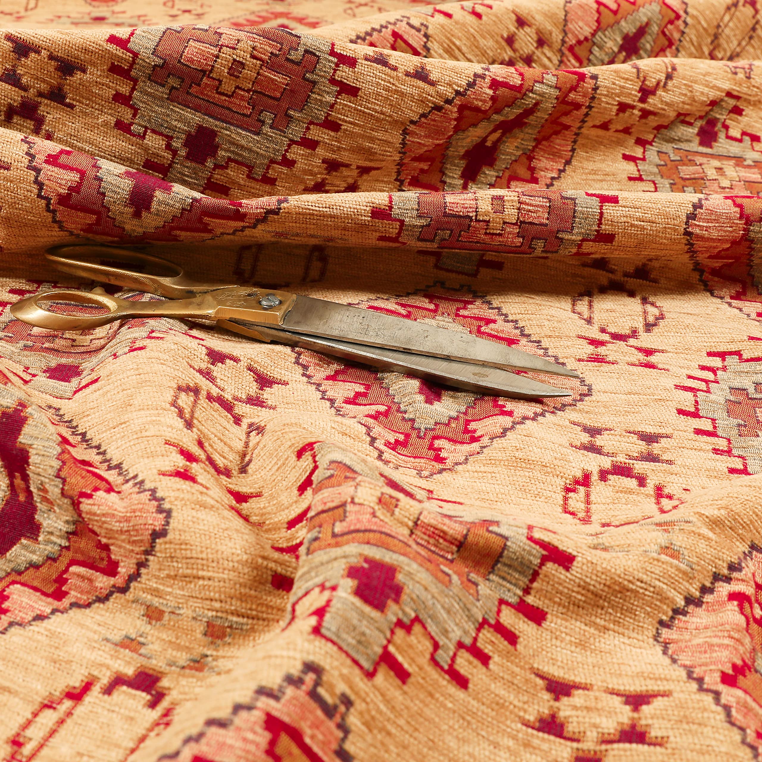 Redbrick Mill Fabrics Flame Retardant Heavyweight Traditional Kilim Aztec Beige Pattern Upholstery Furnishing Fabric (Per Metre)