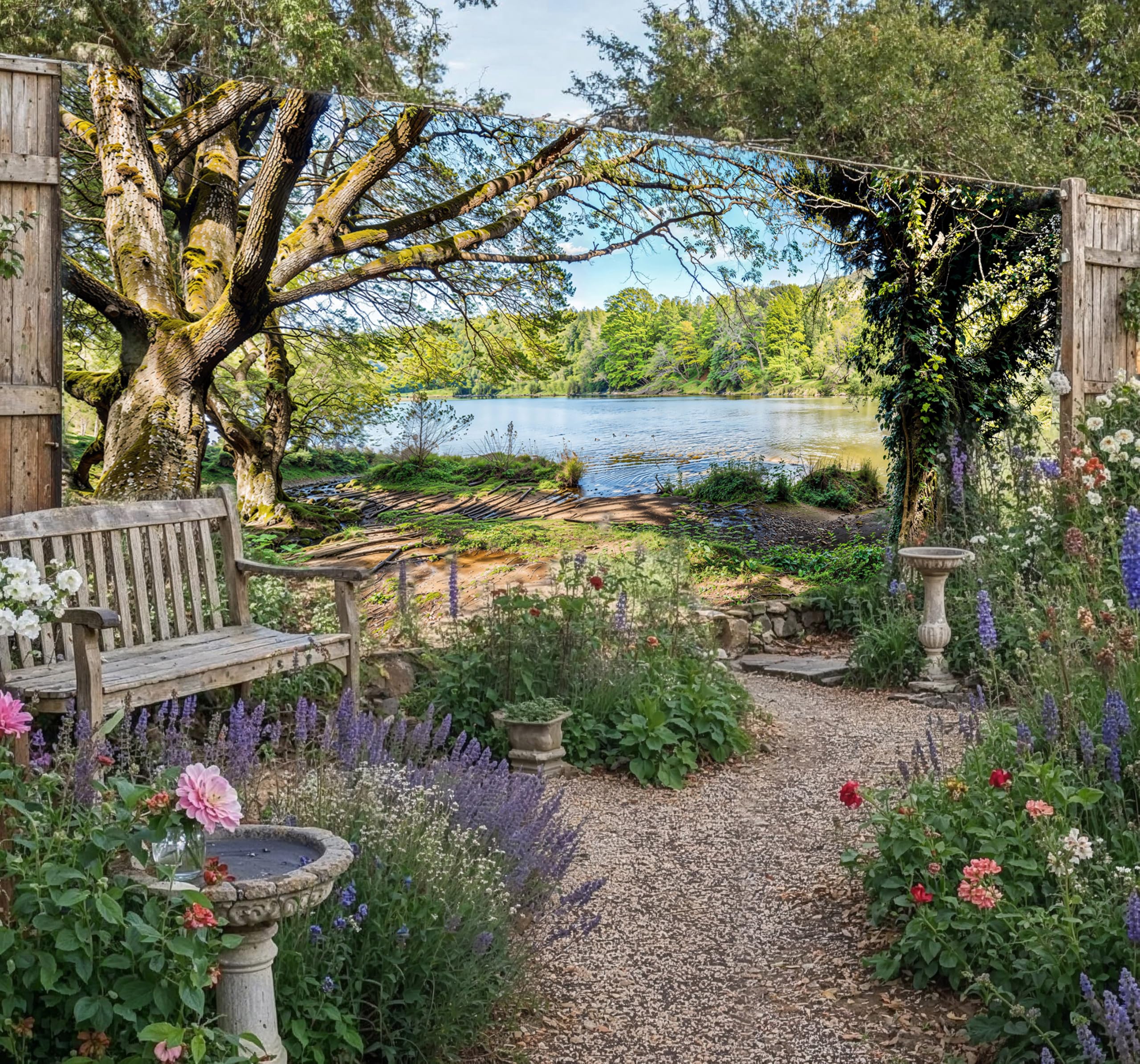 Lakeside View Garden Mural, Tapestry & Curtain Waterproof Mural Outdoor Wall Hanging, Nature Garden Wall Art, Fence Decoration, Patio Wall Decor & Outdoor Tapestry W157.48 inches x H70.87 Inches