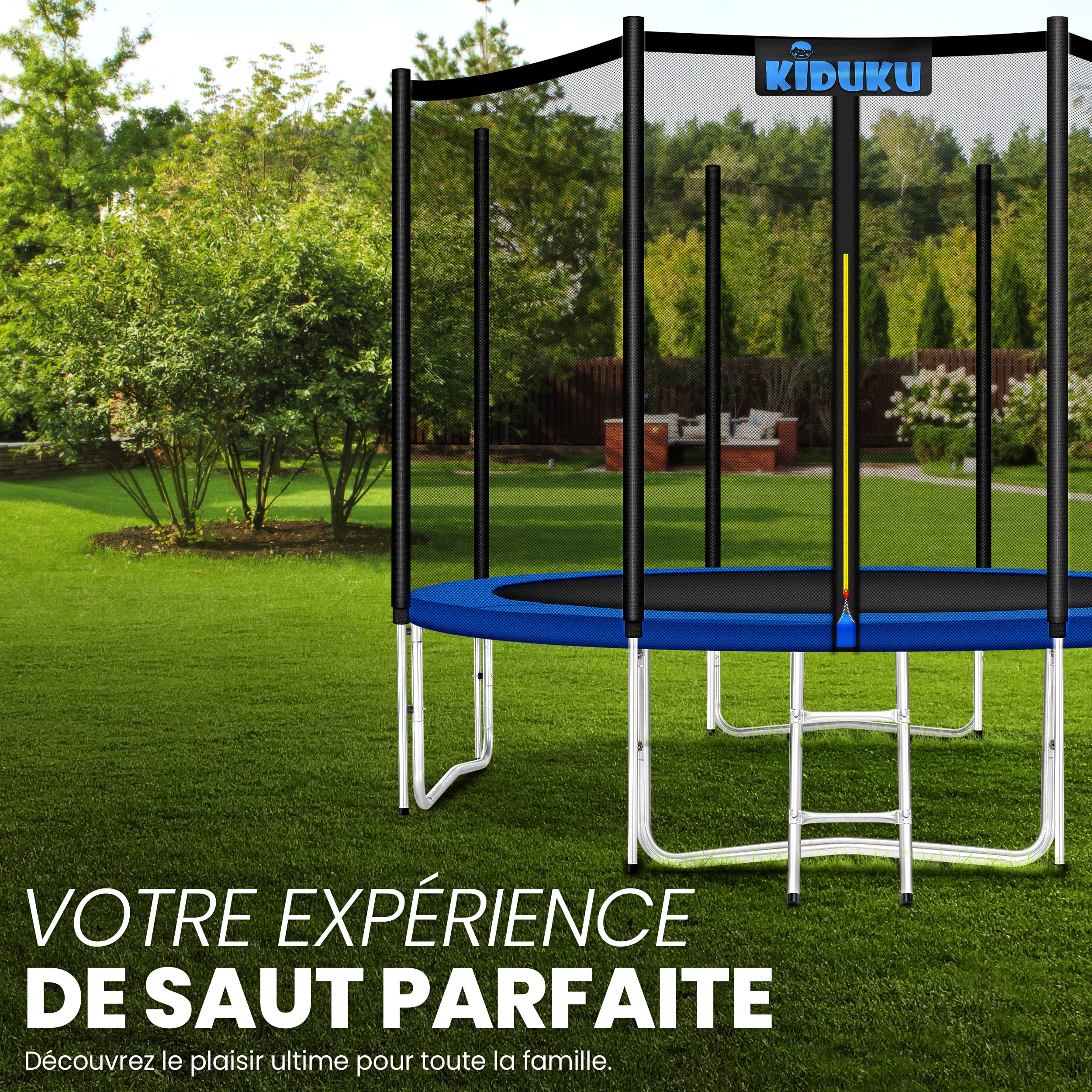 KIDUKU® Trampoline Ø 244/305/366/427 cm | Kit Complet avec Filet de sécurité, échelle, Housse de Bord, ancrage au Sol et Accessoires | Trampoline de Jardin pour Enfants Charge maximale 150 kg