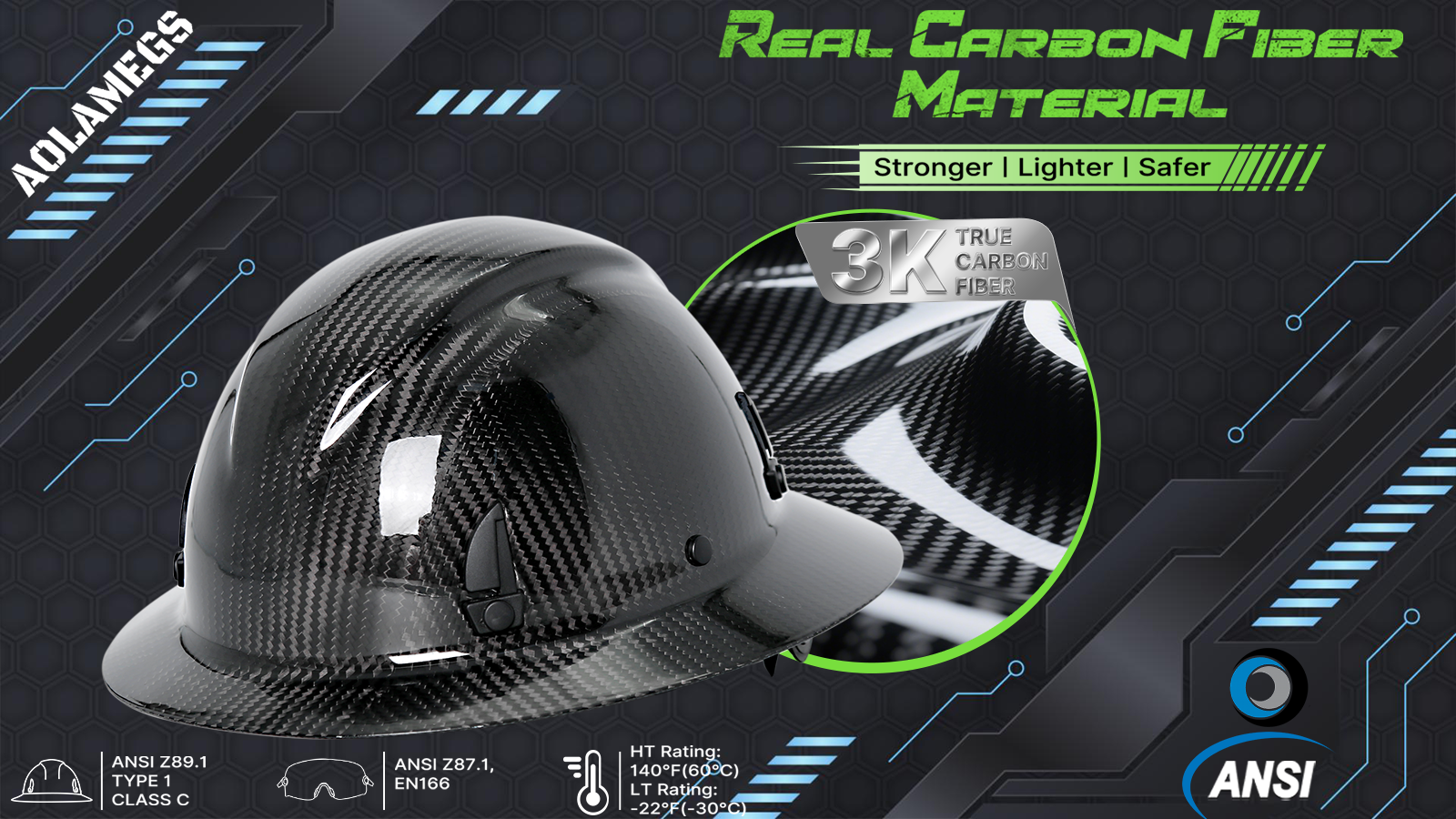 Aolamegs Carbon Fiber Full Brim Hard Hat with Chin Strap
