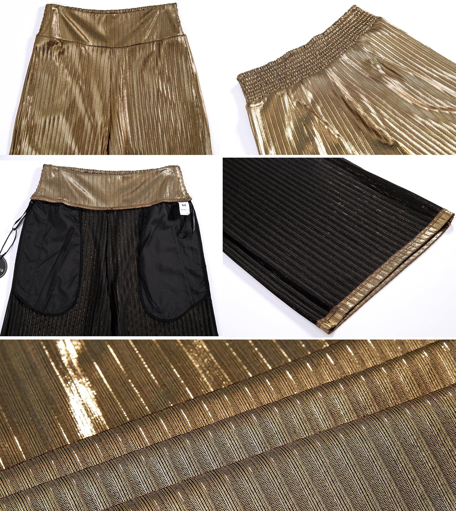 Fakanhui Pantalon plissé à paillettes métallisées pour femme Taille haute Jambe large Pantalon de fête Disco Discothèque Discothèque Clubwear