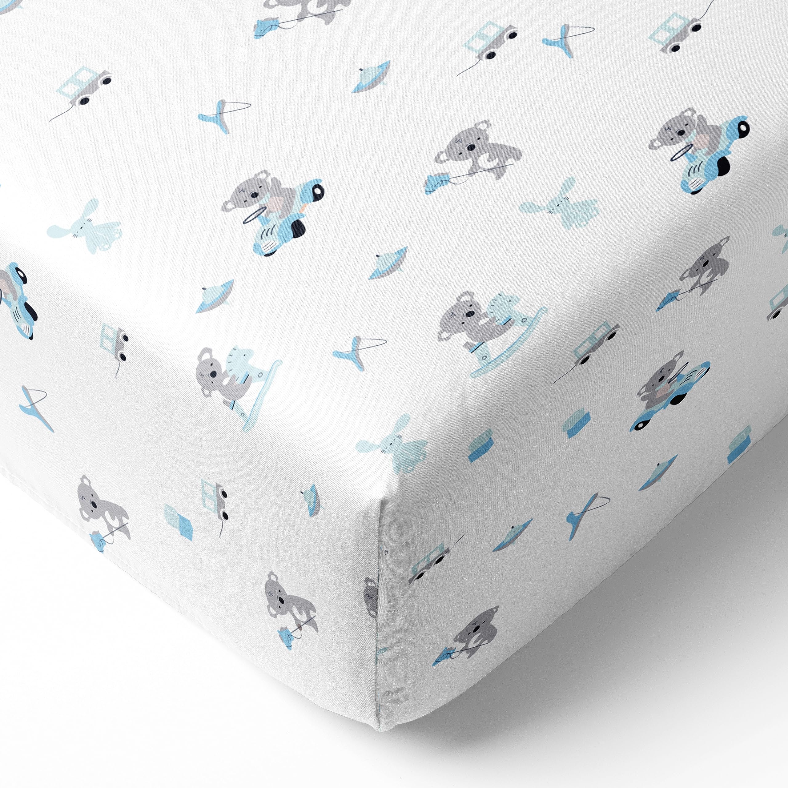 Cotton Baby Crib Fitted Bed Sheets for Cot | Organic Twill Fabric Baby Bedding for New Born, Infants, Toddlers | 48"x24" Pack of 1 | The White Cradle - Blue Koala with Horse-image-43