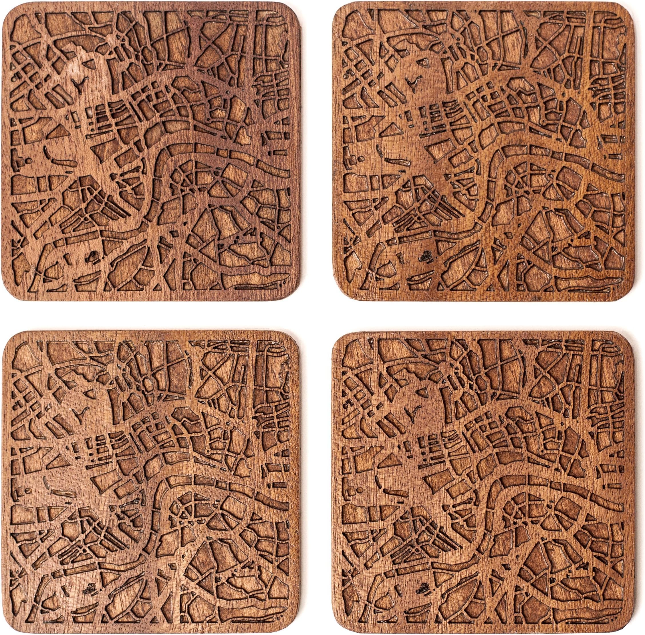 London Map Coaster by O3 Design Studio, Set Of 4, Sapele Wooden Coaster With City Map, Handmade