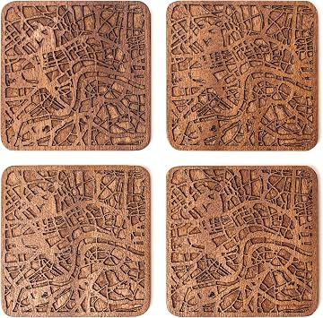 London Map Coaster by O3 Design Studio, Set Of 4, Sapele Wooden Coaster With City Map, Handmade