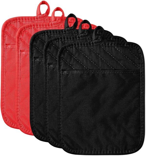 WATINC 5PCS Pot Holders with Pocket for Kitchen Cotton Square Kitchen Everyday Basic Terry Potholders Heat Resistant Non-Slip Oven Hot Pads Hanging Loop Pot Mitts for Cooking Baking (Black Red)