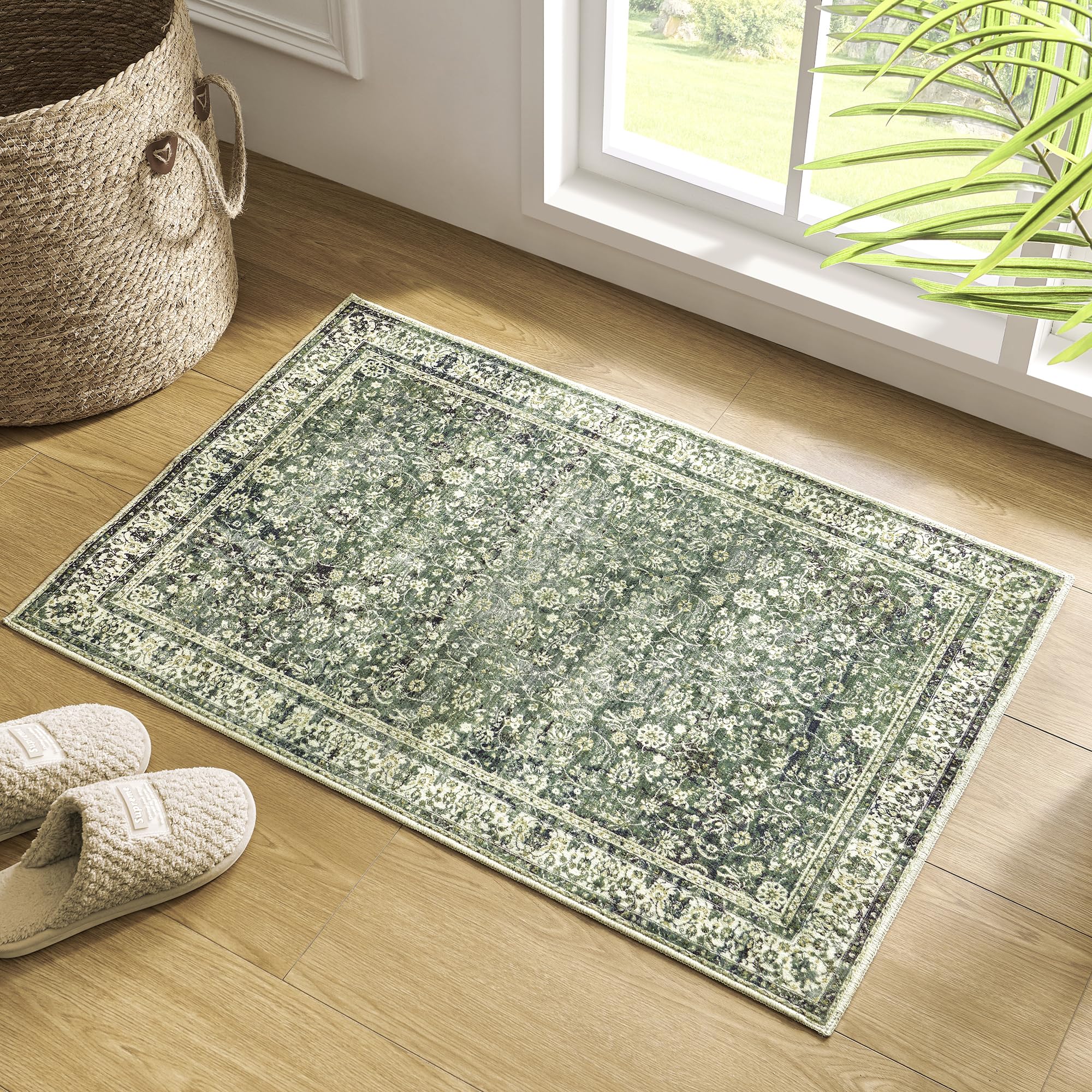 Kitchen Rugs Non Slip Washable Boho Vintage Floral Christmas Farmhouse Style Small Area Rug for Bathroom Sink Bath Entryway Indoor,2x3,Dark Green