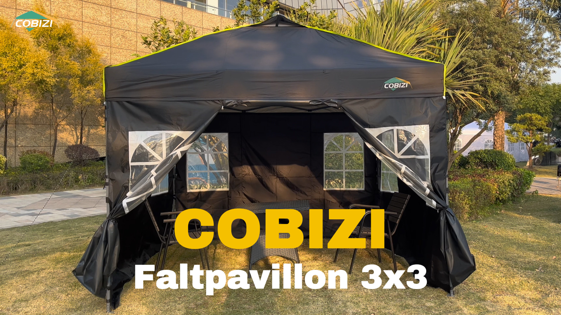 COBIZI Faltpavillon 3x3 M – Wasserdicht, One-Touch-Zentralverriegelung, Höhenverstellbar, Mit 3 Seitenteilen, Fluoreszierenden Streifen & Tragetasche, Grau