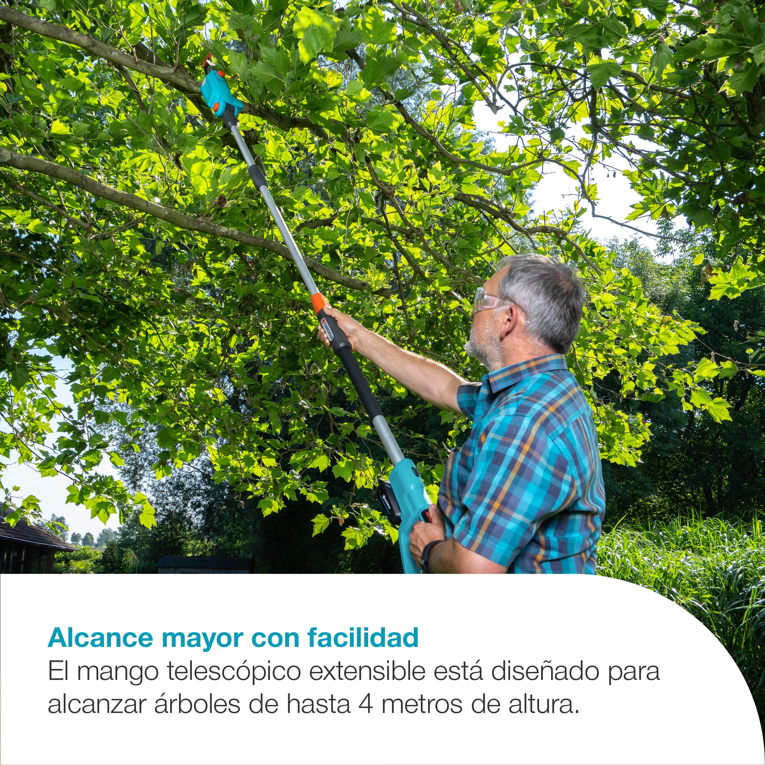 Gardena Sierra telescópica a batería TCS 20/18V P4A Set listo para usar: Telescópico, Hasta 4 m de alcance, Soporte de corte, Cabeza basculante, Sin cable (14770-20)