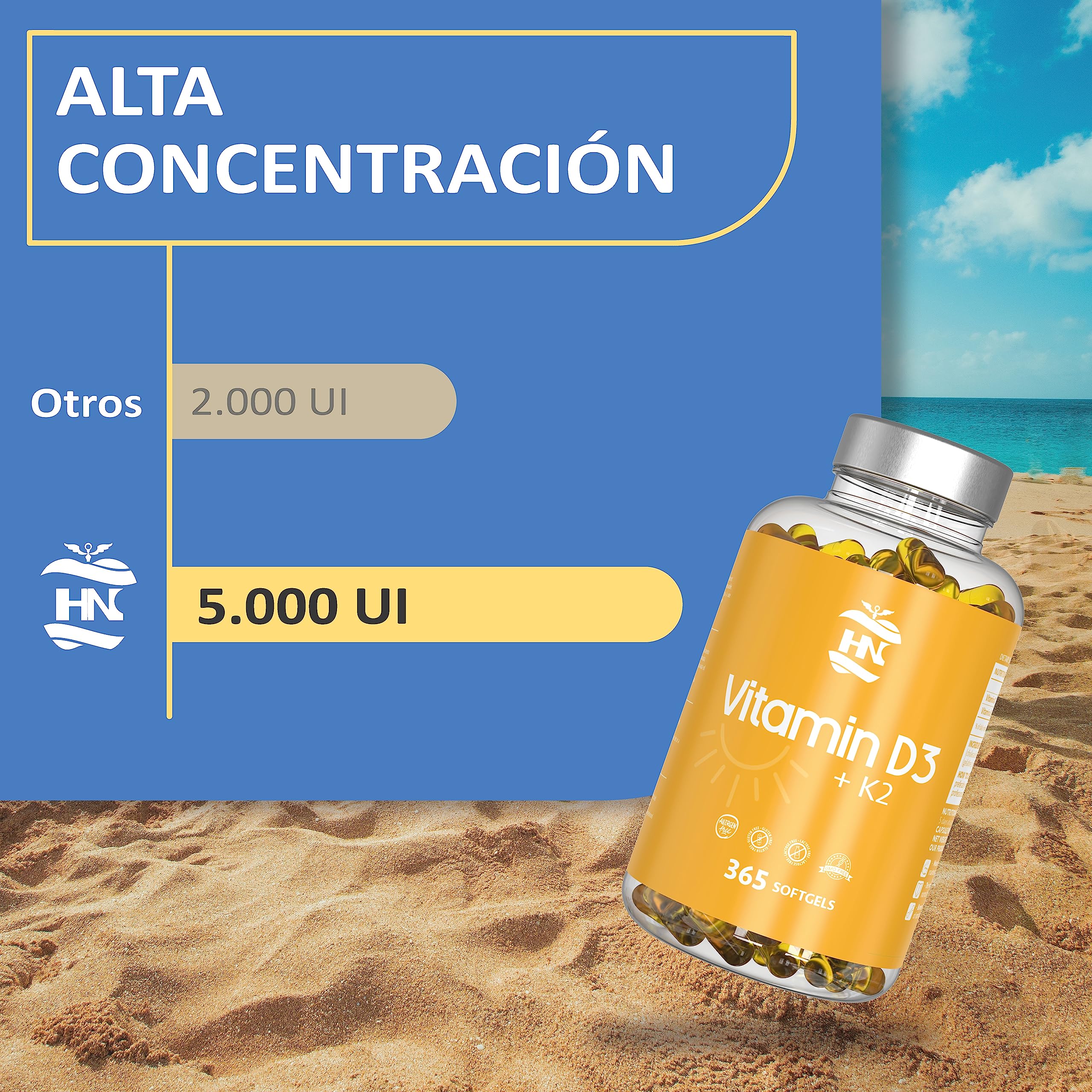 Vitamina D - 365 Cápsulas de vitamina D3 K2 – Vitamina D (5000 UI) altamente concentrada. Favorece la función inmunológica y ósea - 365 cápsulas (1 Bote 365 Cápsulas) (Paquete de 2)