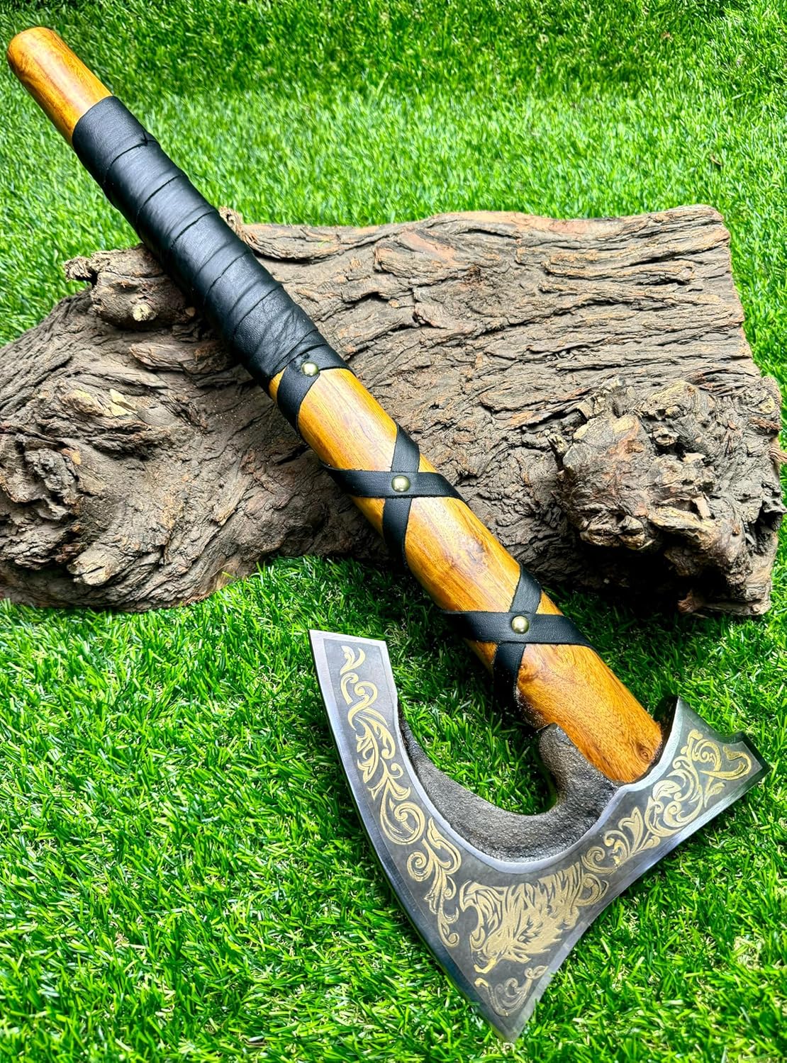 Poshland AX-7004 Custom Gift Forged Carbon Steel Viking Axe with Rose Wood Shaft, Viking Bearded Camping Axe