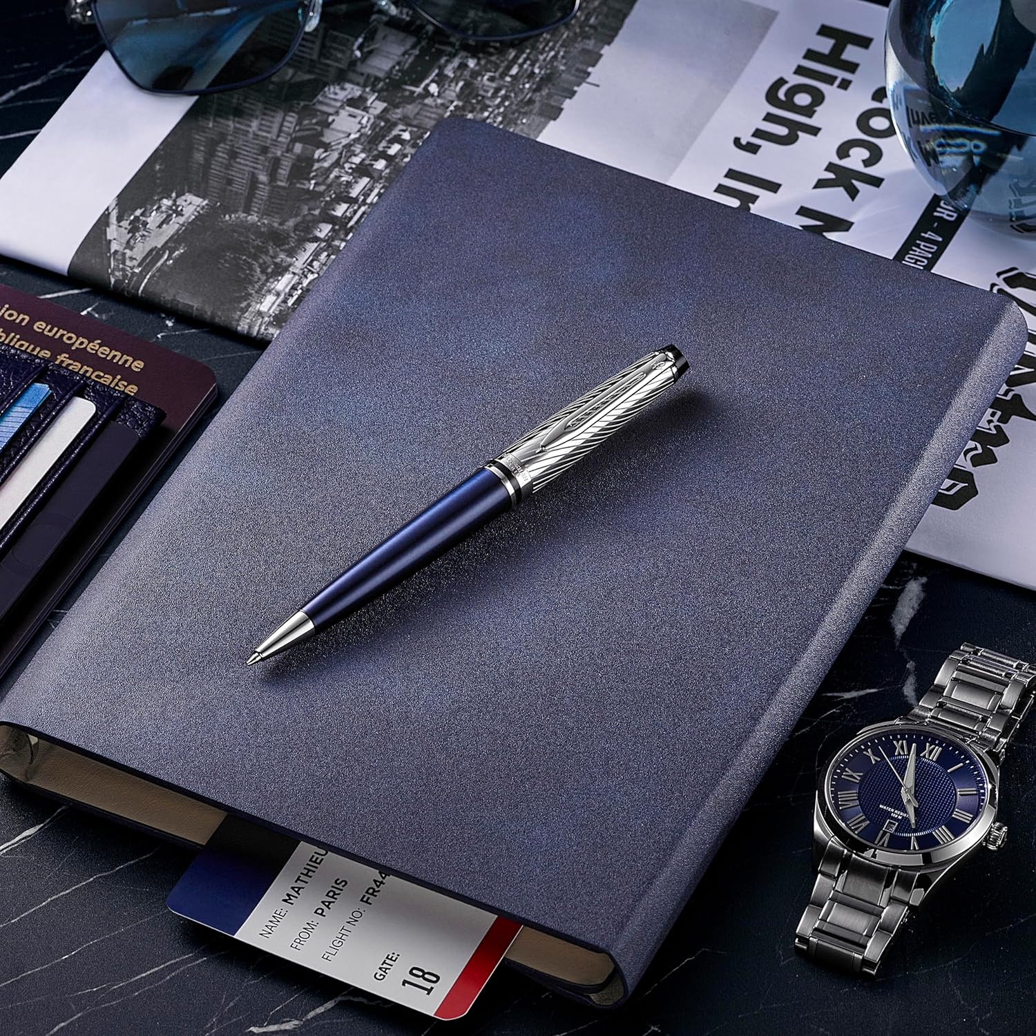 Waterman Expert Ballpoint Pen | Metal & Blue Lacquer | Chiselled Cap | Blue Ink | Gift Box