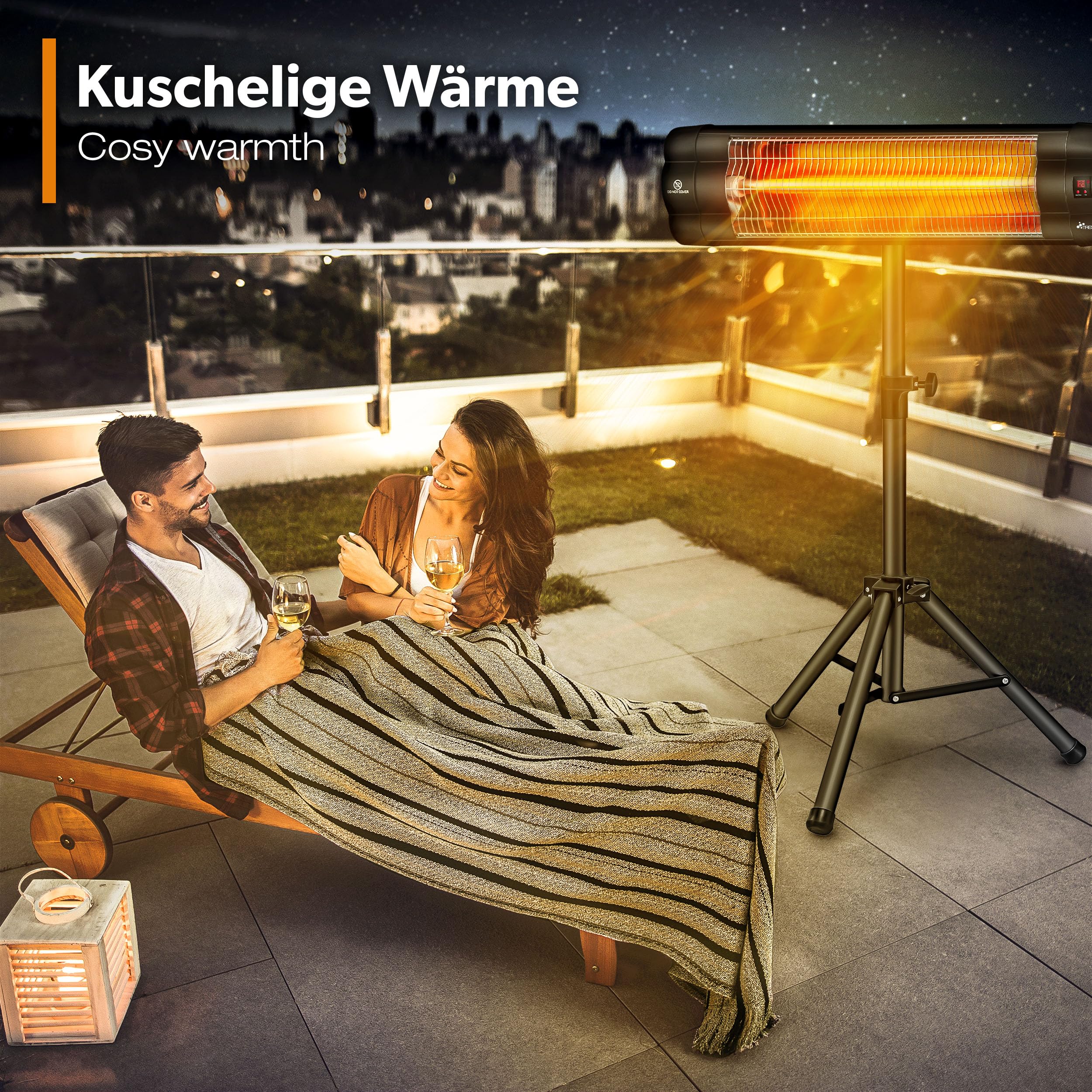 TRESKO Infrarot Heizstrahler 2500W mit Fernbedienung | Wärmestrahler elektrisch mit 3 Heizstufen | Terrassenstrahler Innen & Außen | Infrarotstrahler höhenverstellbar