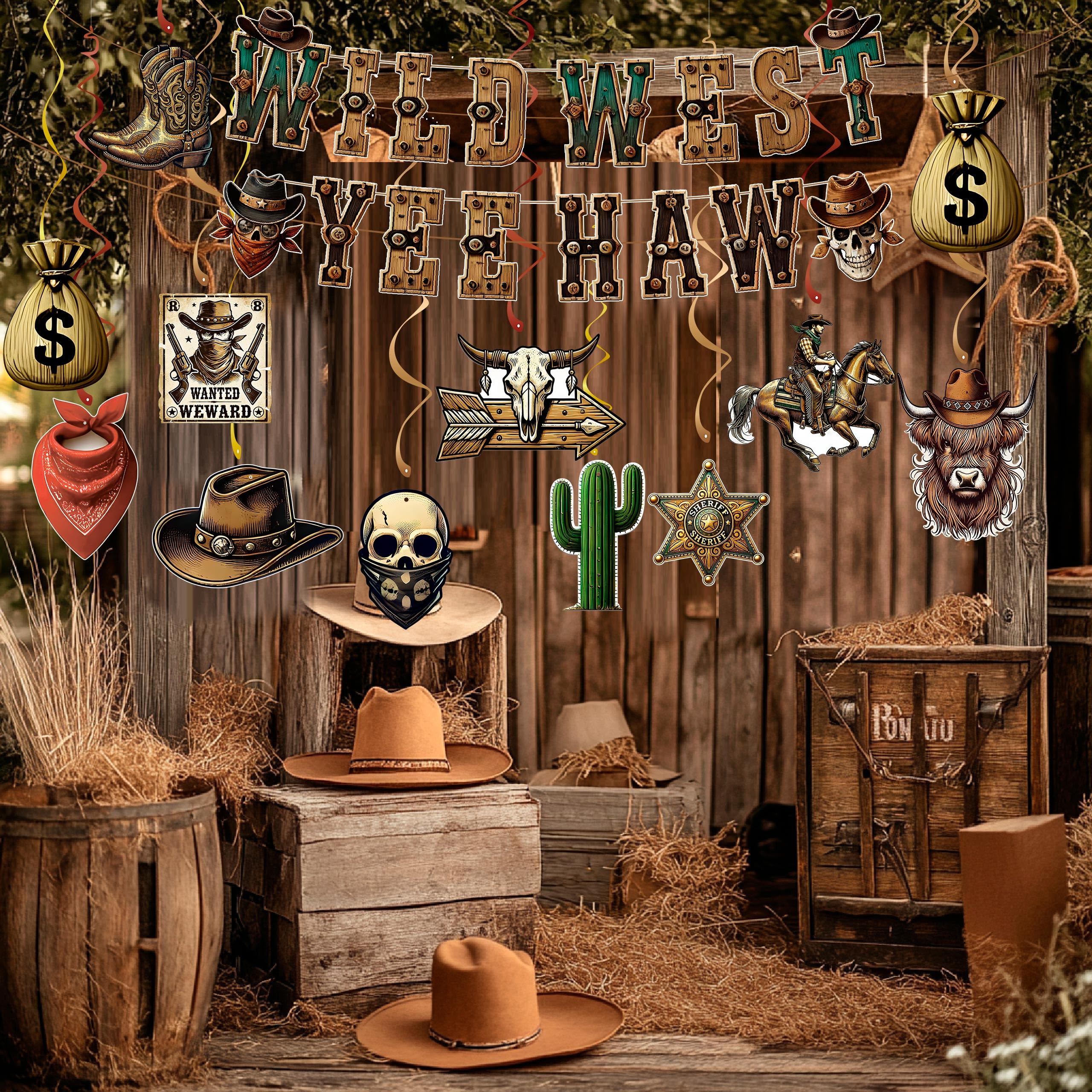 Cowboy-Party-Dekorationen, Cowboy-Themenparty-Dekorationen umfassen Western- Cowboy-Happy Birthday-Banner und hängende Wirbel, Yee Haw Deckenschlangen für Jungen, Geburtstag, Western-Babyparty