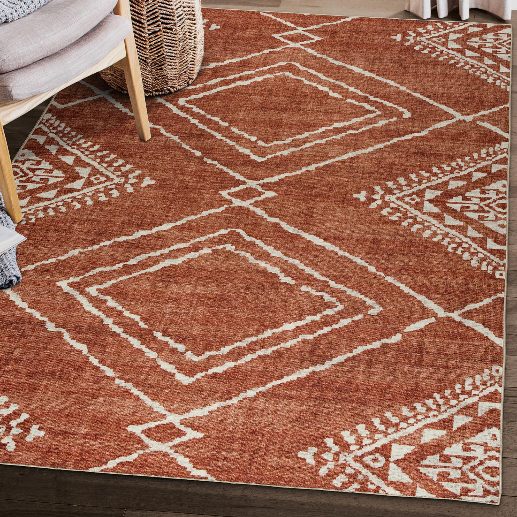 ReaLife Rugs Machine Washable Area Rug Runner - Living Room Bedroom Bathroom Kitchen Entryway Office - Padded Low Pile Stain Resistant Premium - Moroccan Diamond Tribal - Jax - Orange 3' x 5'