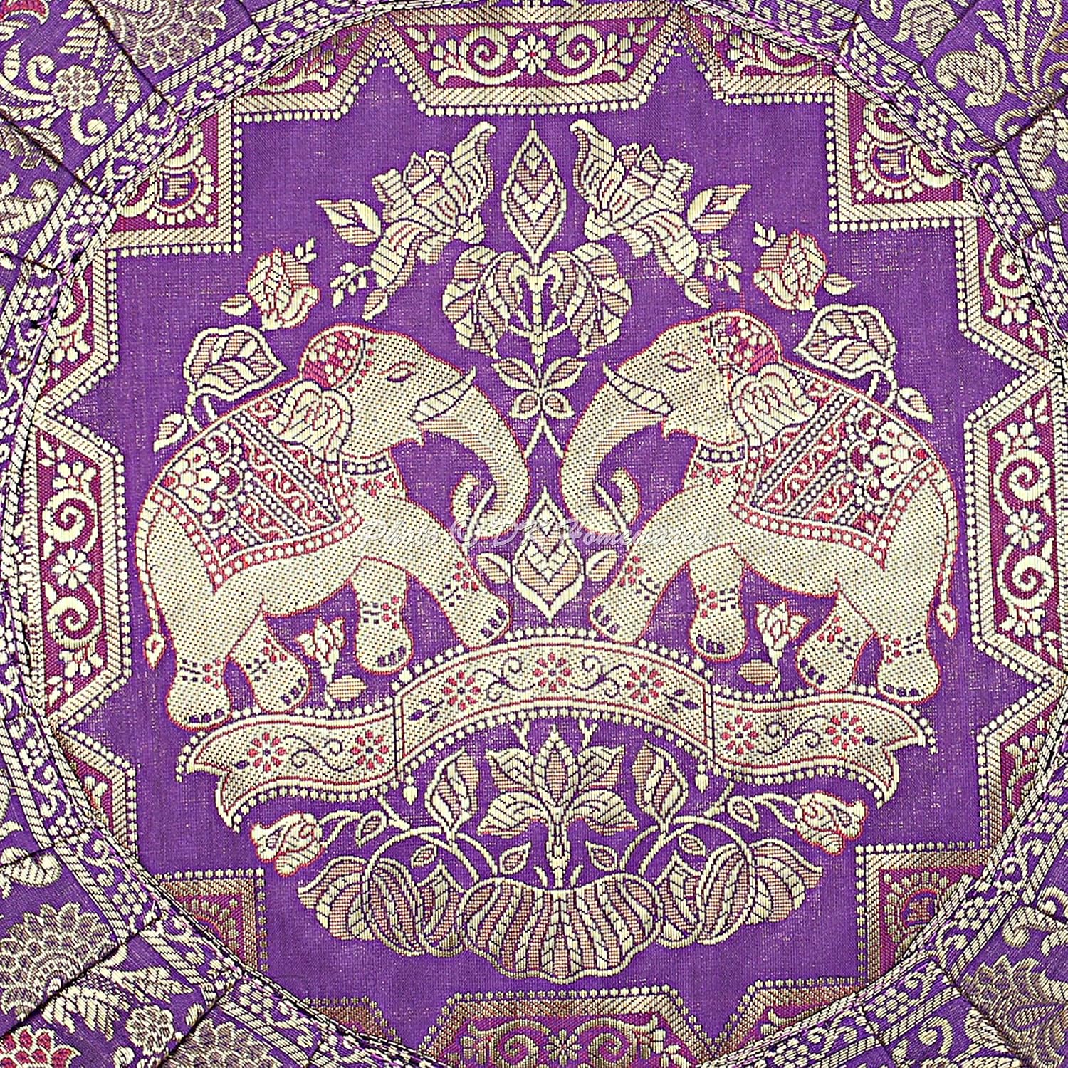 Decorative Throw Pillowcases 17 Inch Brocade Jacquard Weave Indian Round Elephant Cushion Covers (Size - 43x43 cm ; Color: Purple & Gold) - Set of 4 Pcs (Cover Only)