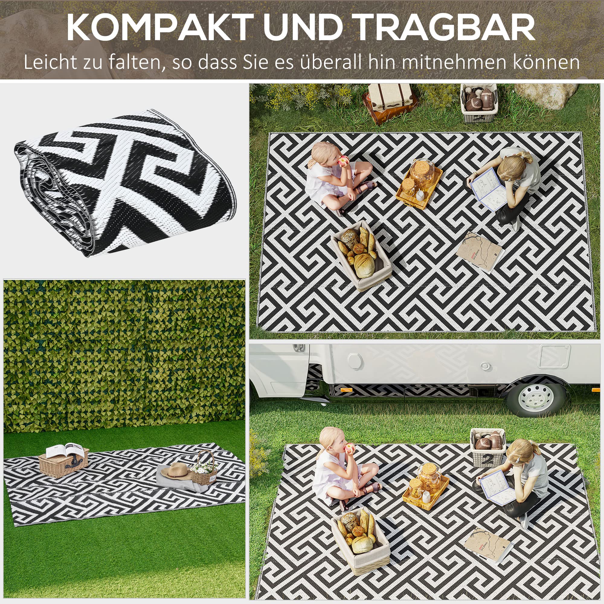 Outsunny Tappeto da esterno in plastica double face, impermeabile, per terrazze, campeggio, colore nero e bianco, 152 x 243 cm