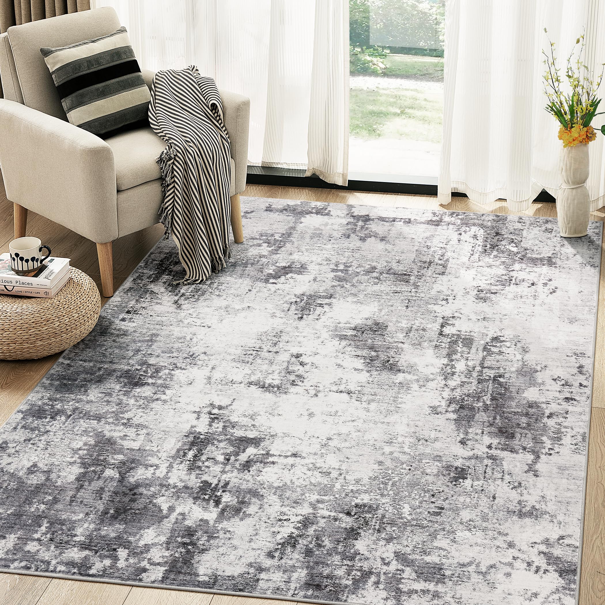TARANCH Washable Rug 5x7 Area Rugs for Living Room: Modern Abstract Neutral Soft Carpet for Bedroom Dining Room Under Kitchen Table Home Office Decor
