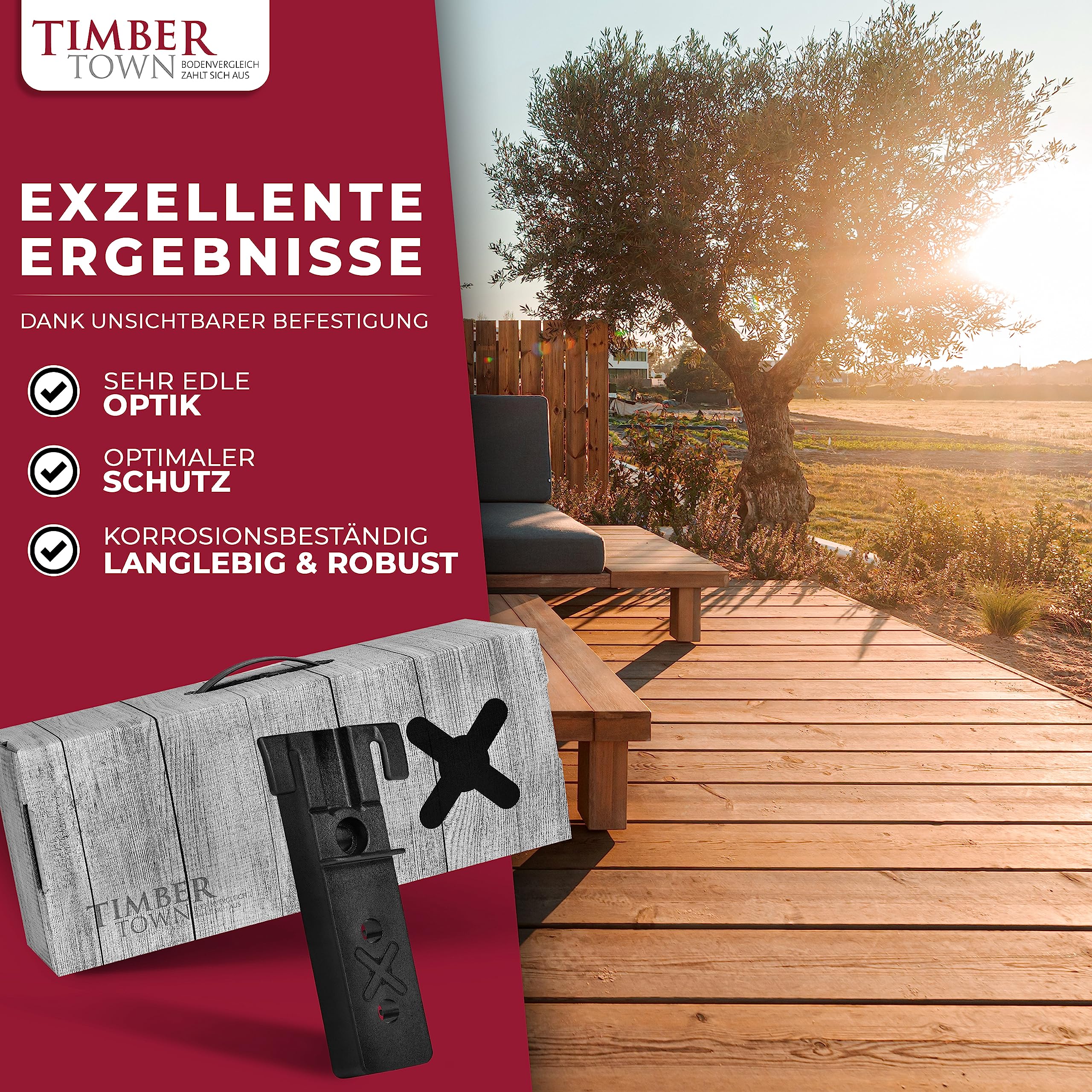 Timbertown DILA C – Unsichtbare Terrassenbefestigung | 300 Kunststoffclips & 750 Edelstahlschrauben | Für Holz- & Aluminium-Unterkonstruktionen