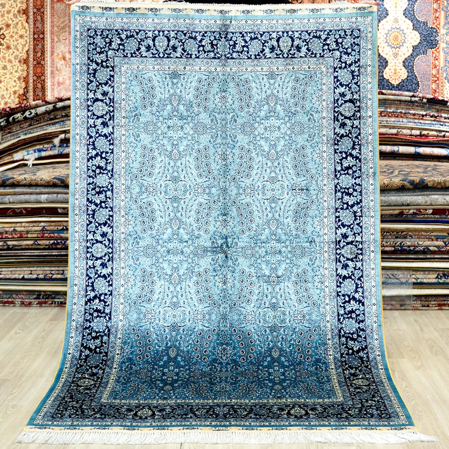 Yuchen Carpet Silk Rug 4x6 Blue Hand Knotted Vintage Oriental Silk Carpet for Living Room