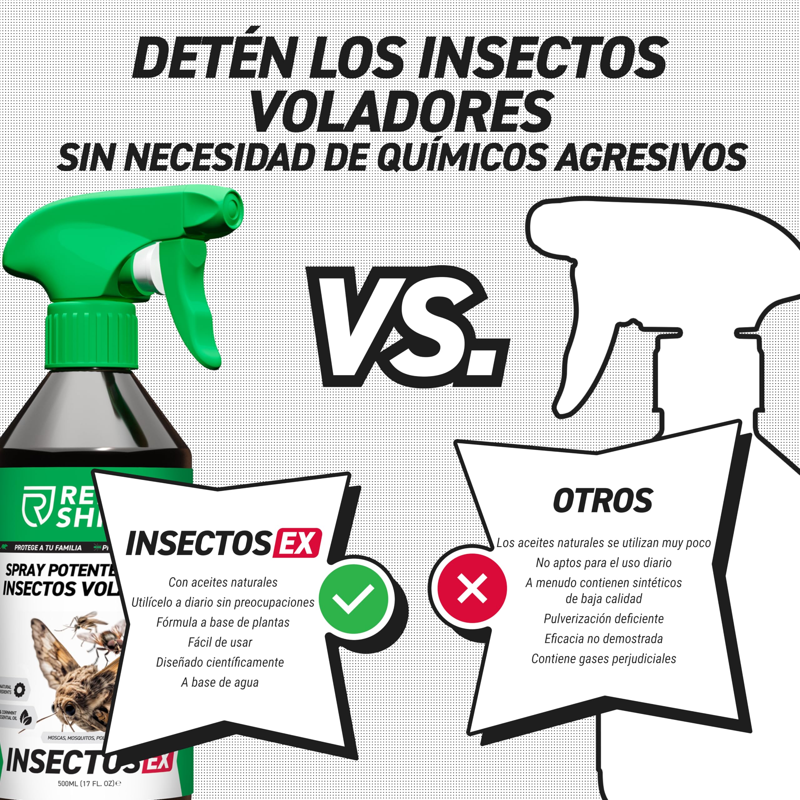 RepellShield® Repelente Insectos Voladores -500ml- Anti Mosquitos, Moscas, Avispas, Polillas y Más - Uso Interior y Exterior - Sin Manchas, Fácil de Usar - Spray Antimosquitos
