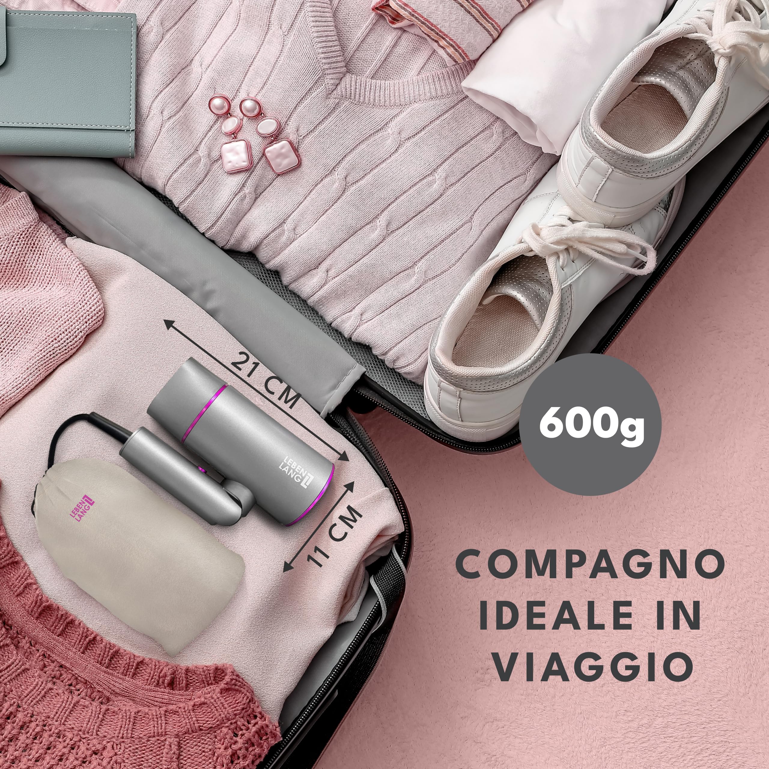 LEBENLANG Asciugacapelli ionico 2100 W – Antiforcelle con modalità aria fredda – Asciugacapelli da viaggio pieghevole piccolo – Asciugacapelli ionico – Asciugacapelli professionale – grigio rosa