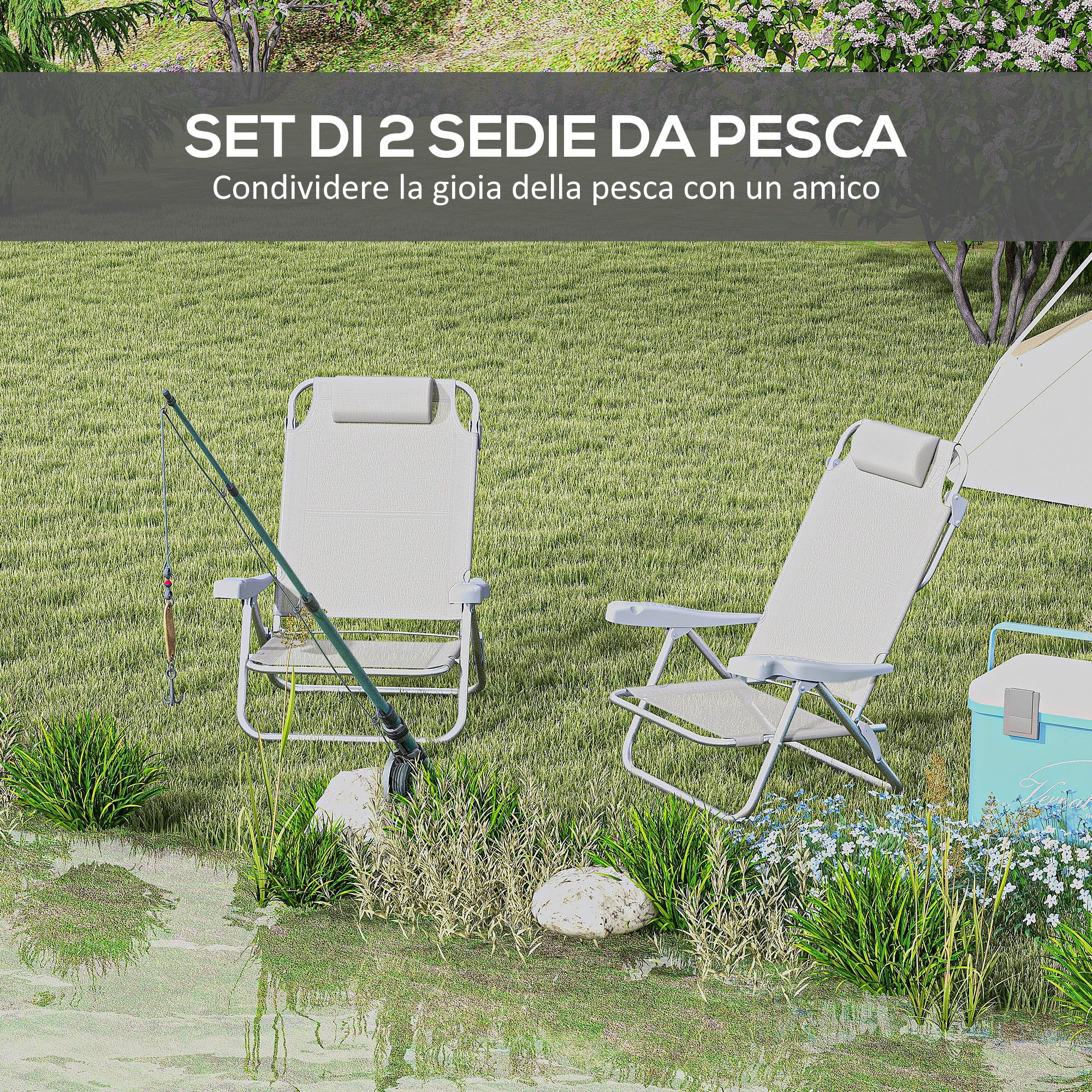 Outsunny Set 2 Sedie da Campeggio Pieghevoli con Poggiatesta Imbottito, Sedia da Pesca con Schienale Regolabile su 6 Livelli in Alluminio e Schiuma, 62x65x80 cm, Grigio Chiaro