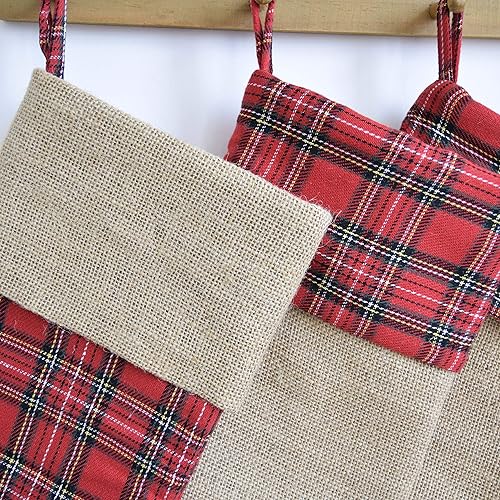 Miniatura 2 de Paquete de 4 medias de Navidad, 18 pulgadas, grandes, gruesas, a cuadros rojos o arpillera de yute, calcetines de lujo, regalos para la familia,