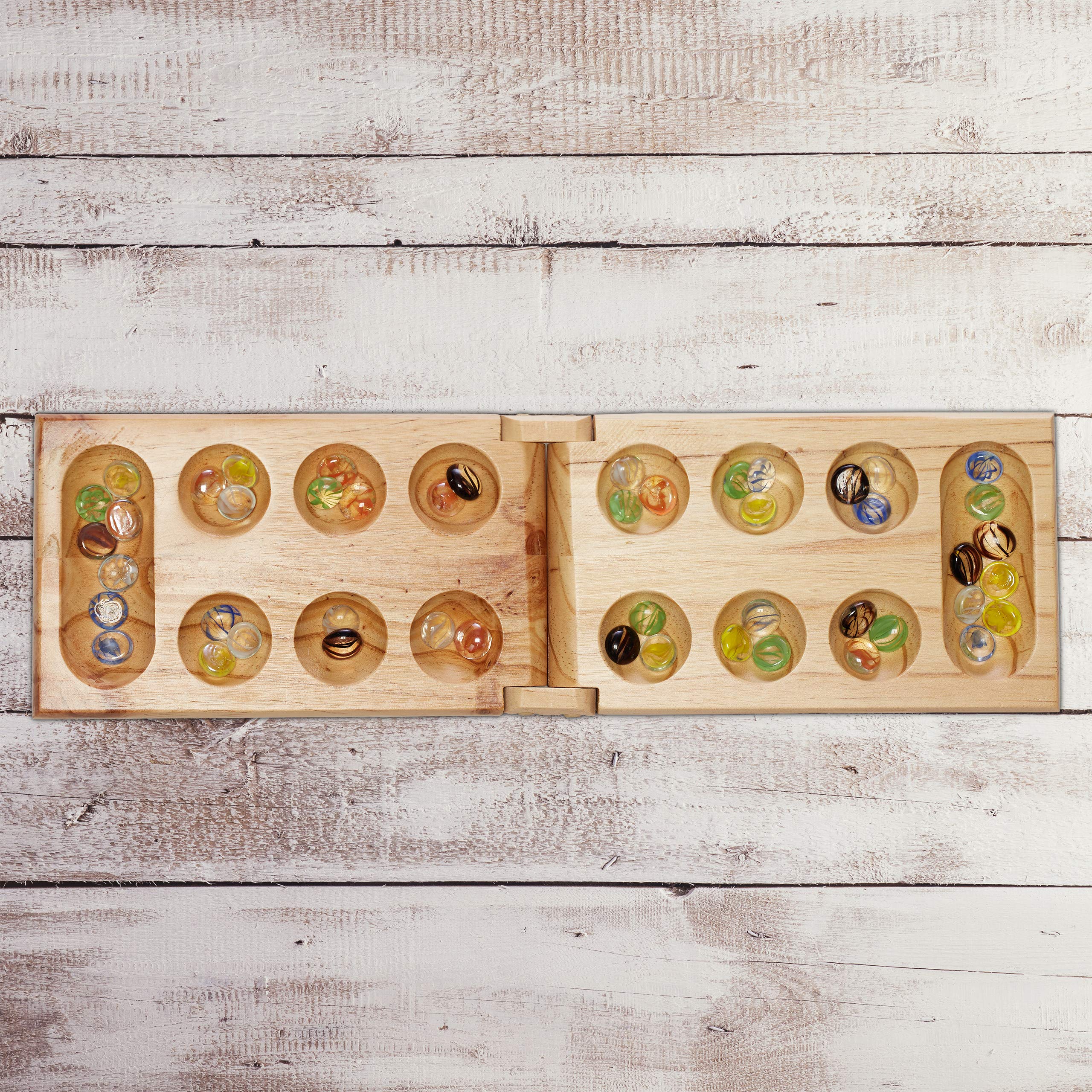 relaxdays Mancala Kalah, Gioco da Tavolo Kalaha, 48 Pietre Colorate, 2 Giocatori, Bambini e Adulti, in Legno, Naturale