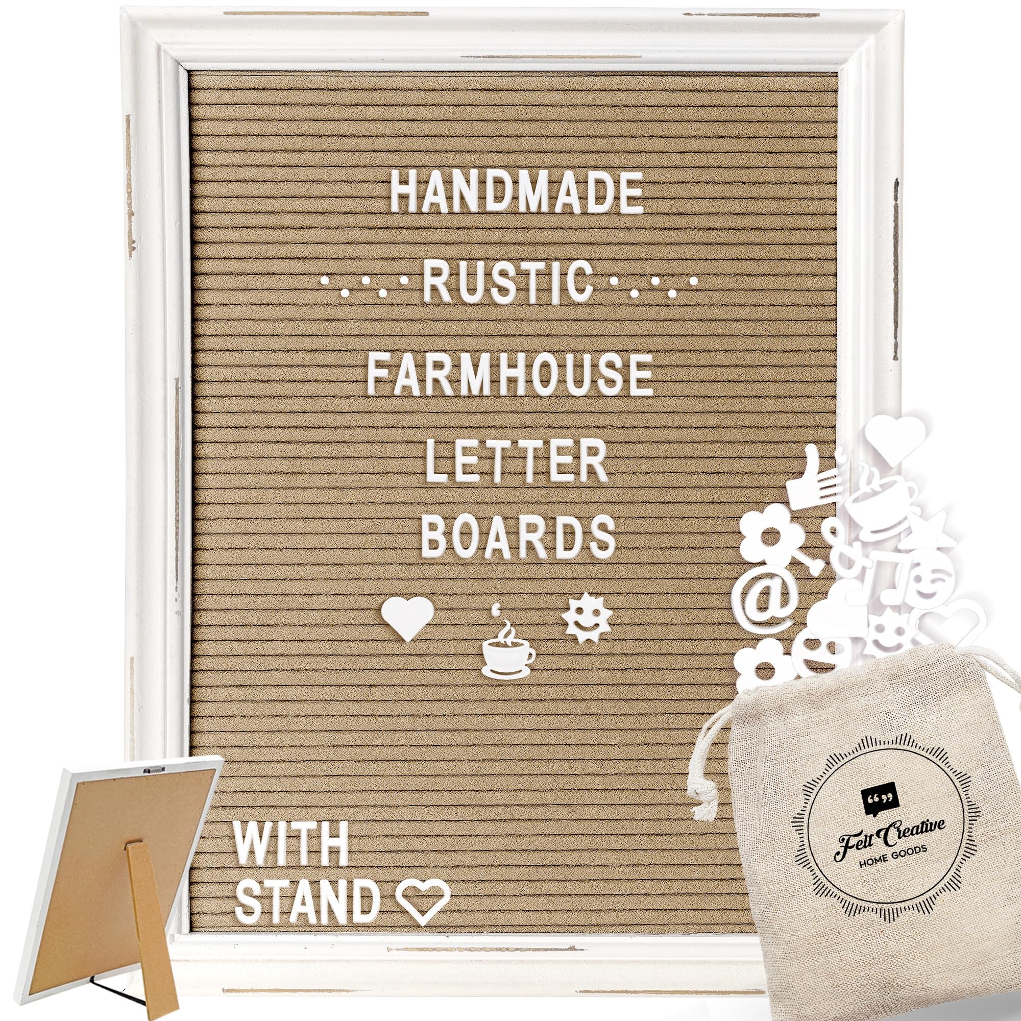Photo 1 of Cappuccino Felt Letter Board Back to School Sign with Rustic Wood White Frame - Farmhouse Letter Board Sign with Stand - Baby Announcement 12x16 Felt Board Changeable Message Board with 350 Letter Set