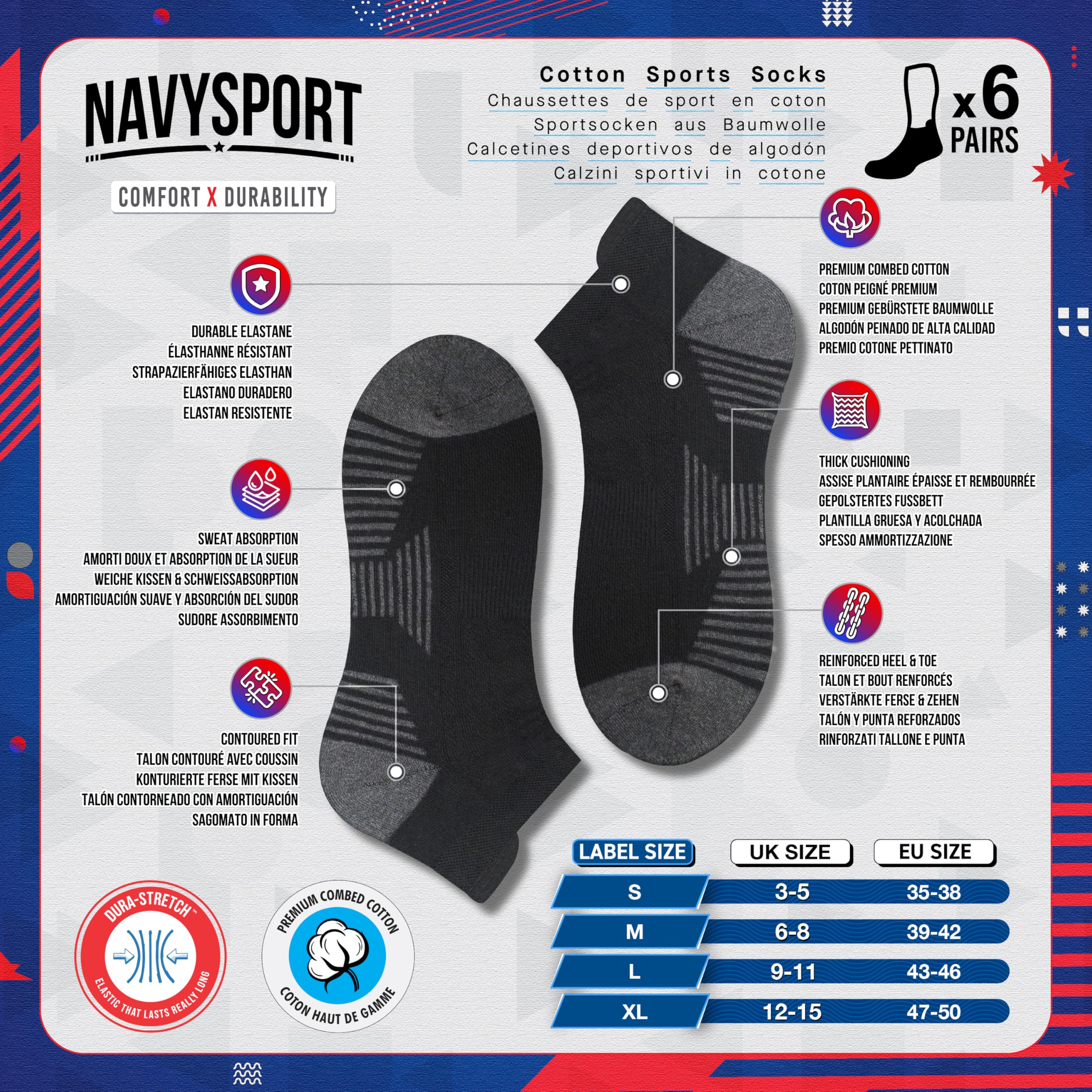 NAVYSPORT calzini sportivi da uomo in cotone, confezione da 6 paia
